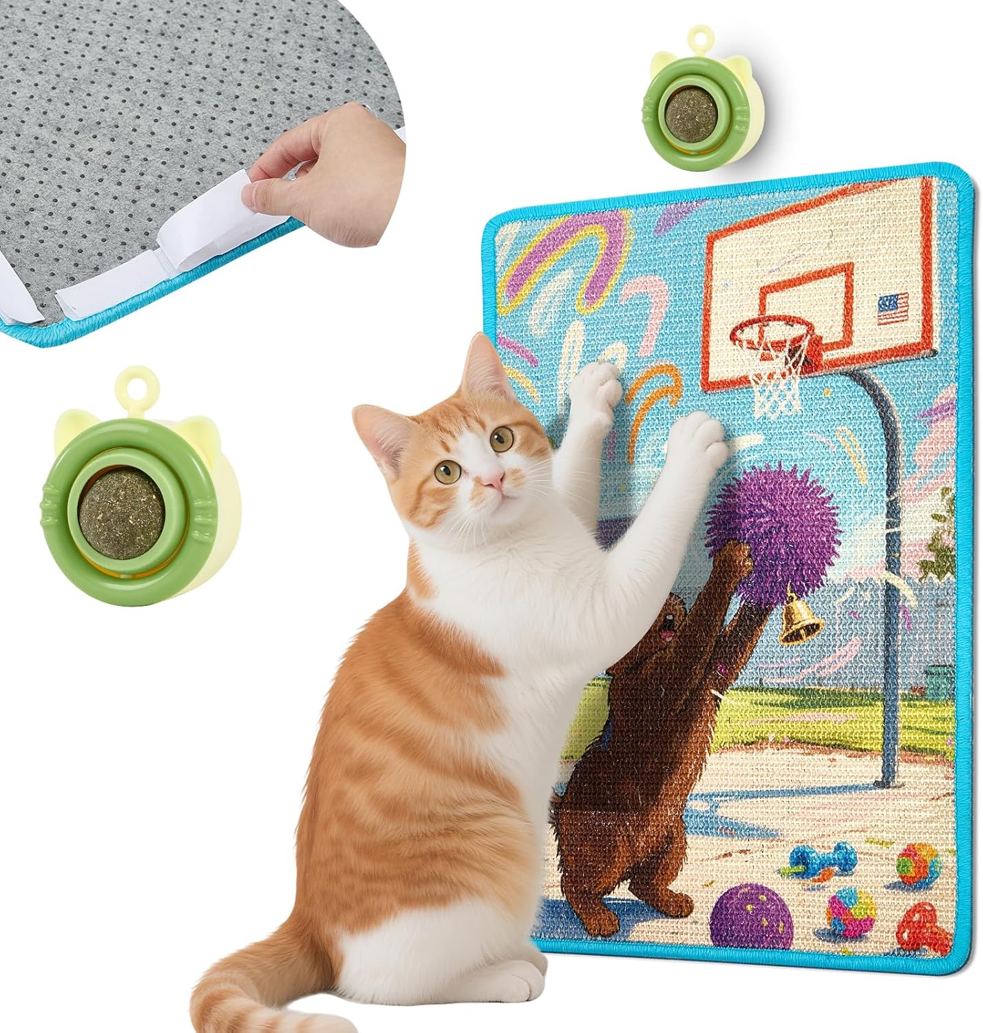 Cat Scratching Mat with Bonus Adhesive Catnip | All-in-One 23.6x15.7 Inch Sisal Scratcher for Wall/Floor, Stops Couch Carpet Scratching, Durable Anti-Slip