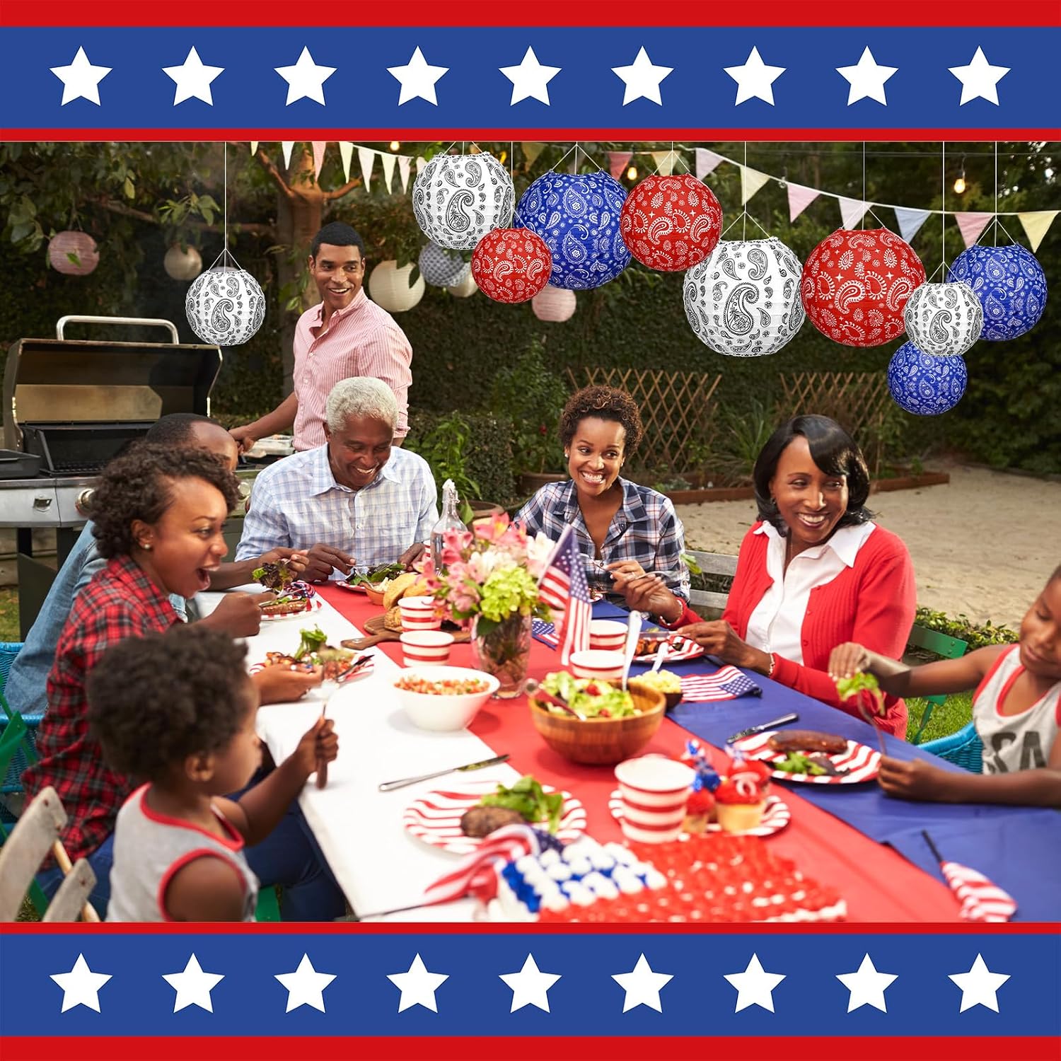 Baquler 18 Pcs Memorial Day Decorations Paper Lanterns Paisley Patriotic 4th of July Hanging Paper Lanterns 250th Anniversary 6'' 8'' 10'' Red White and Blue Decorations for Cowboy Themed Party Decor