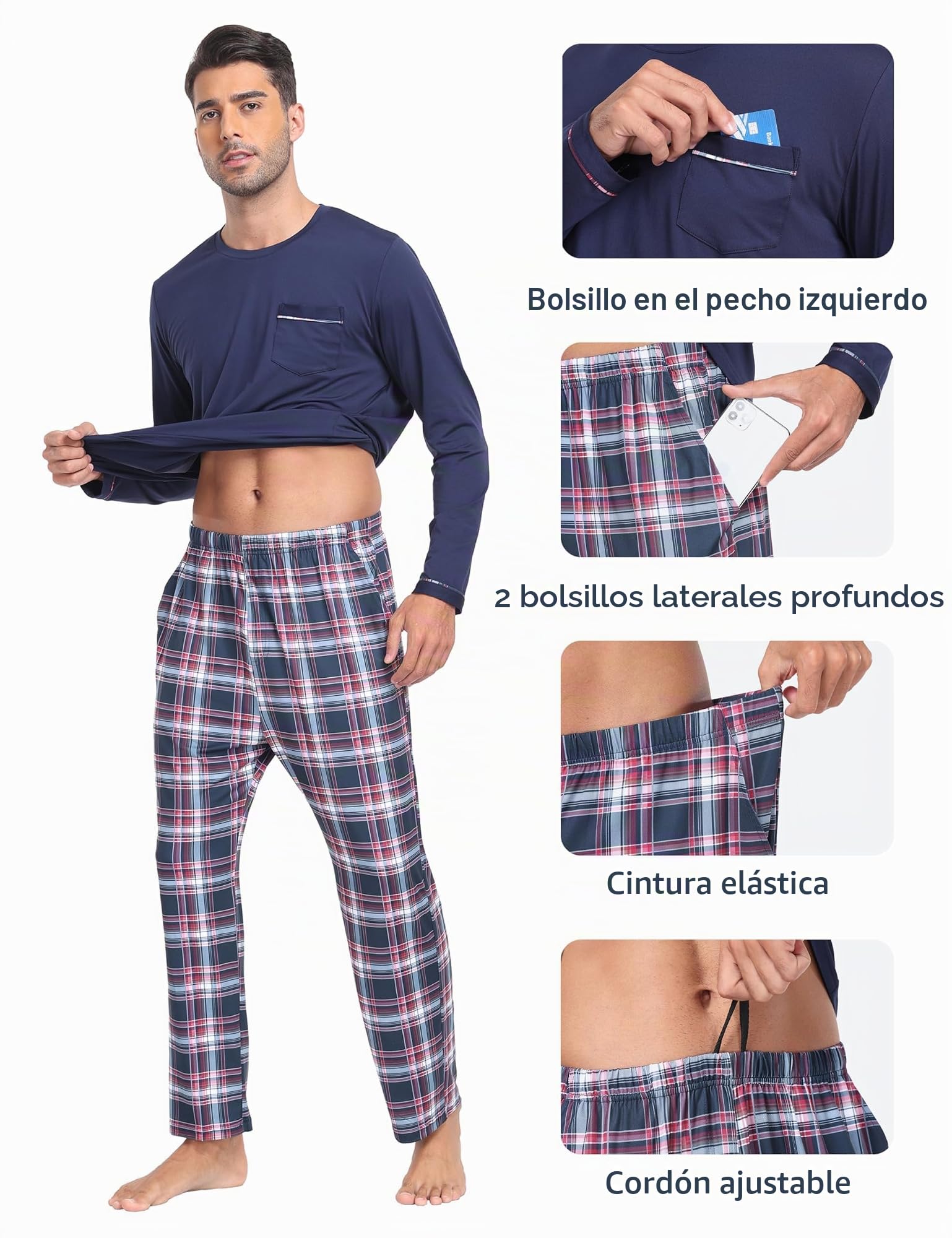 MoFiz Pijamas Largo Hombre Invierno Suave Cálido Ropa de Dormir Conjunto de Pijama Manga Larga Camiseta y Pantalón de Pijama a Cuadros con Bolsillos