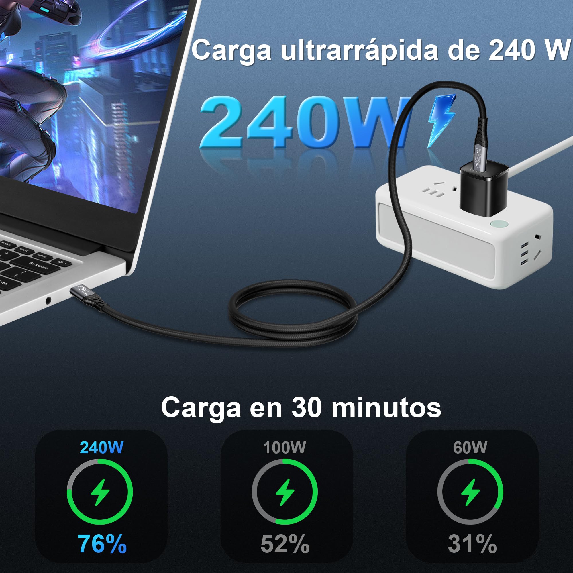 80Gbps Cable Thunderbolt 5 3m, unidireccional hasta 120Gbps, 240W,Video 16K@30Hz 8K@60Hz,compatible con Thunderbolt 4,USB 4,SSD,eGPU,Laptop, Smartphone,Display