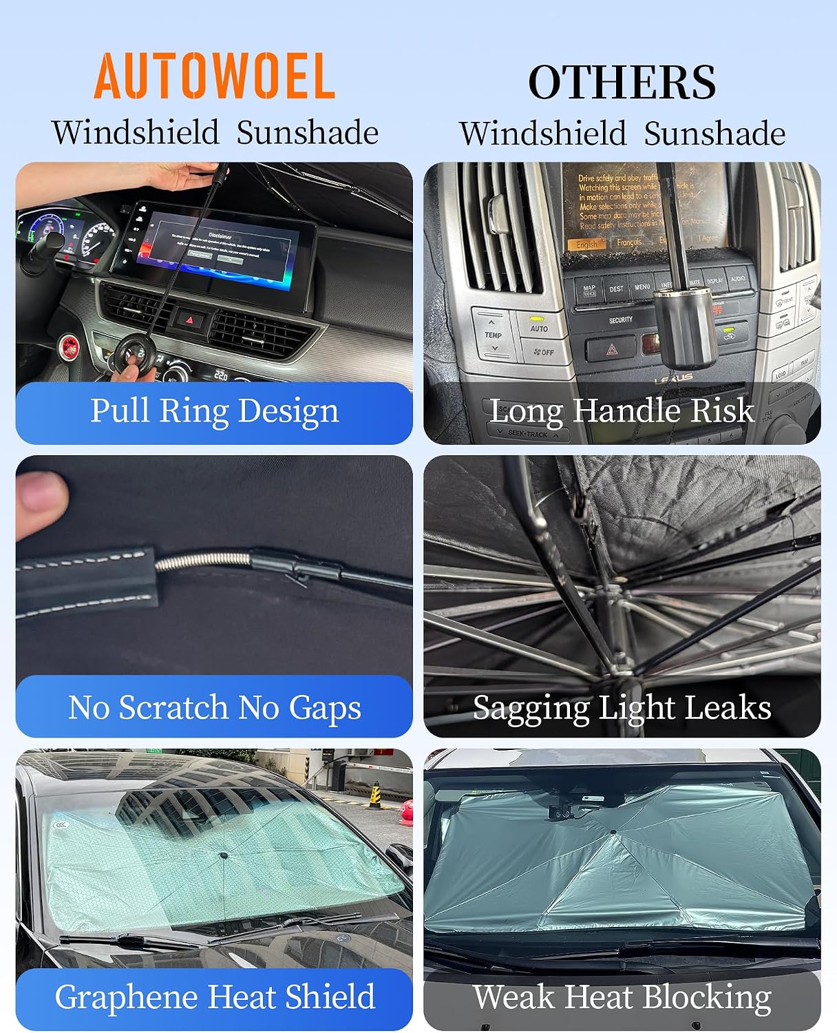 Windshield Sun Shade Umbrella Graphene Coating UV Heat Block, Flexible Frame Interior Safe Design, Foldable Car Windshield Sunshade with Storage Pouch (Medium 63"*32.3")