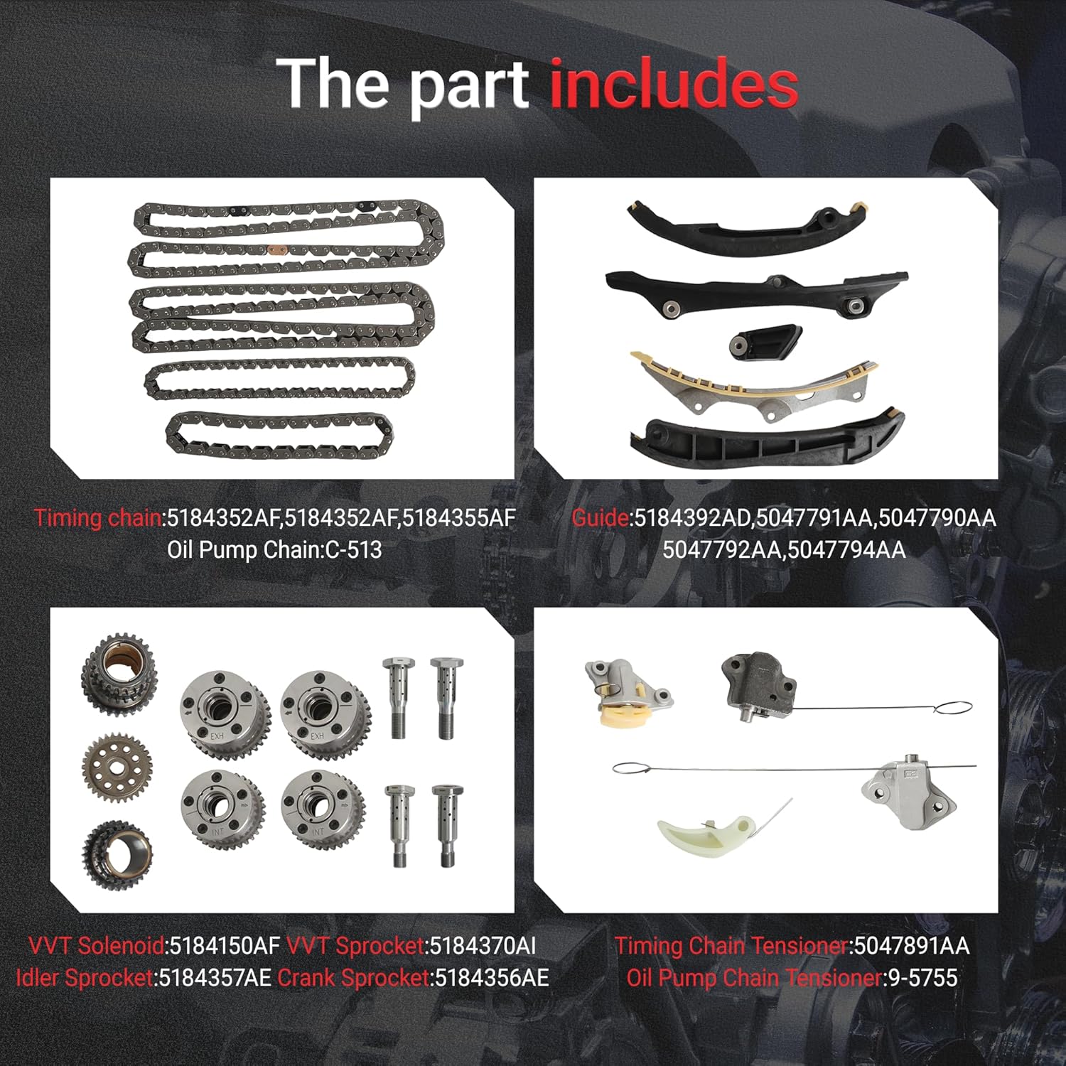 3.6 Pentastar Timing Chain Kit With VVT & Solenoid Fit For Ram 1500 C/V Dodge Avenger Challenger Charger Durango Jeep Cherokee Grand Wrangler Chrysler 200/300 Town & Country 3.6L 2011-2015