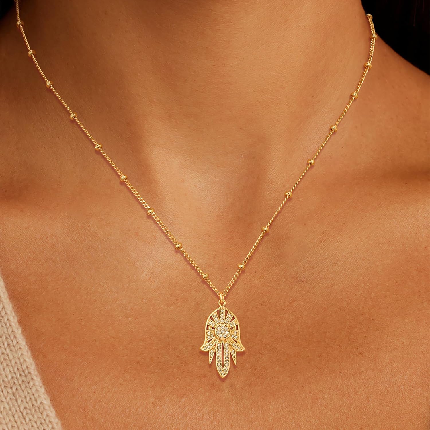 Gold Necklace for Women Trendy 14K Gold Plated Cubic Zirconia Hamsa Coin Eye Pendant Necklace Handmade Protection Gold Jewelry Gifts - Image 3