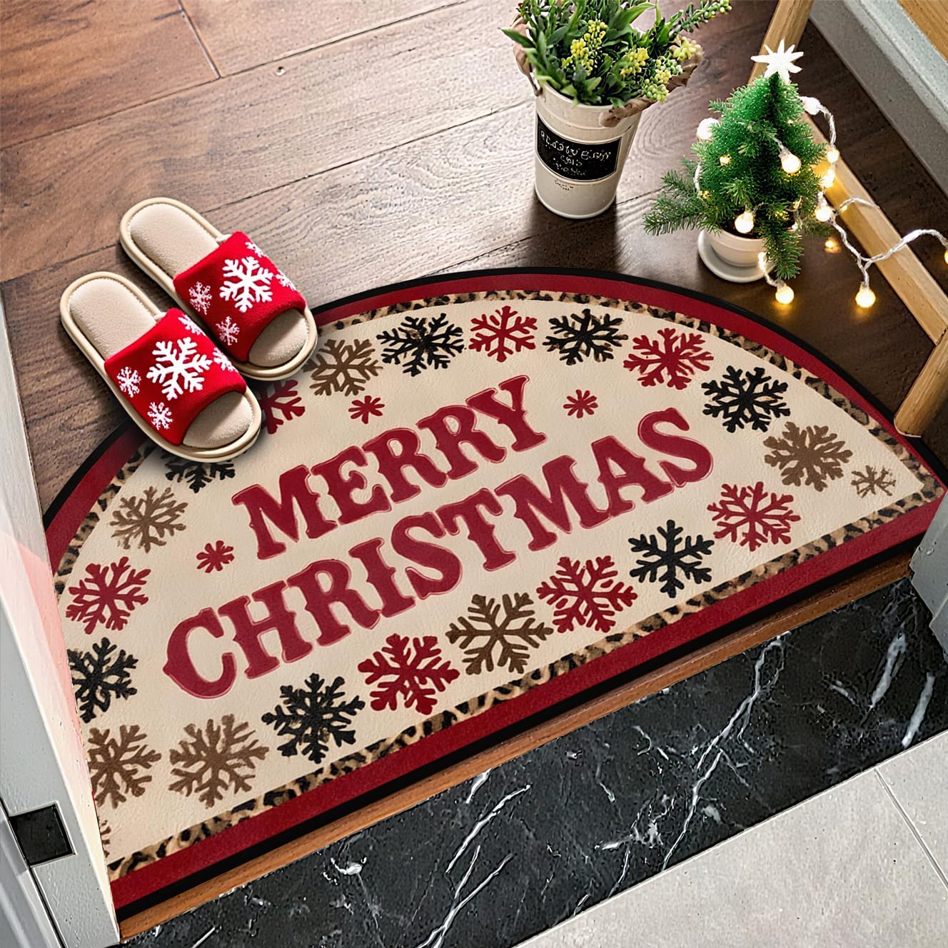 Merry Christmas Half Round Door Mat Soft Non Slip Semi Circle Bath Rug with TPR Backing,Xmas Leopard Snowflakes on Red Welcome Doormat Entryway Rugs for Front Door Living Room Bathroom,36x24IN