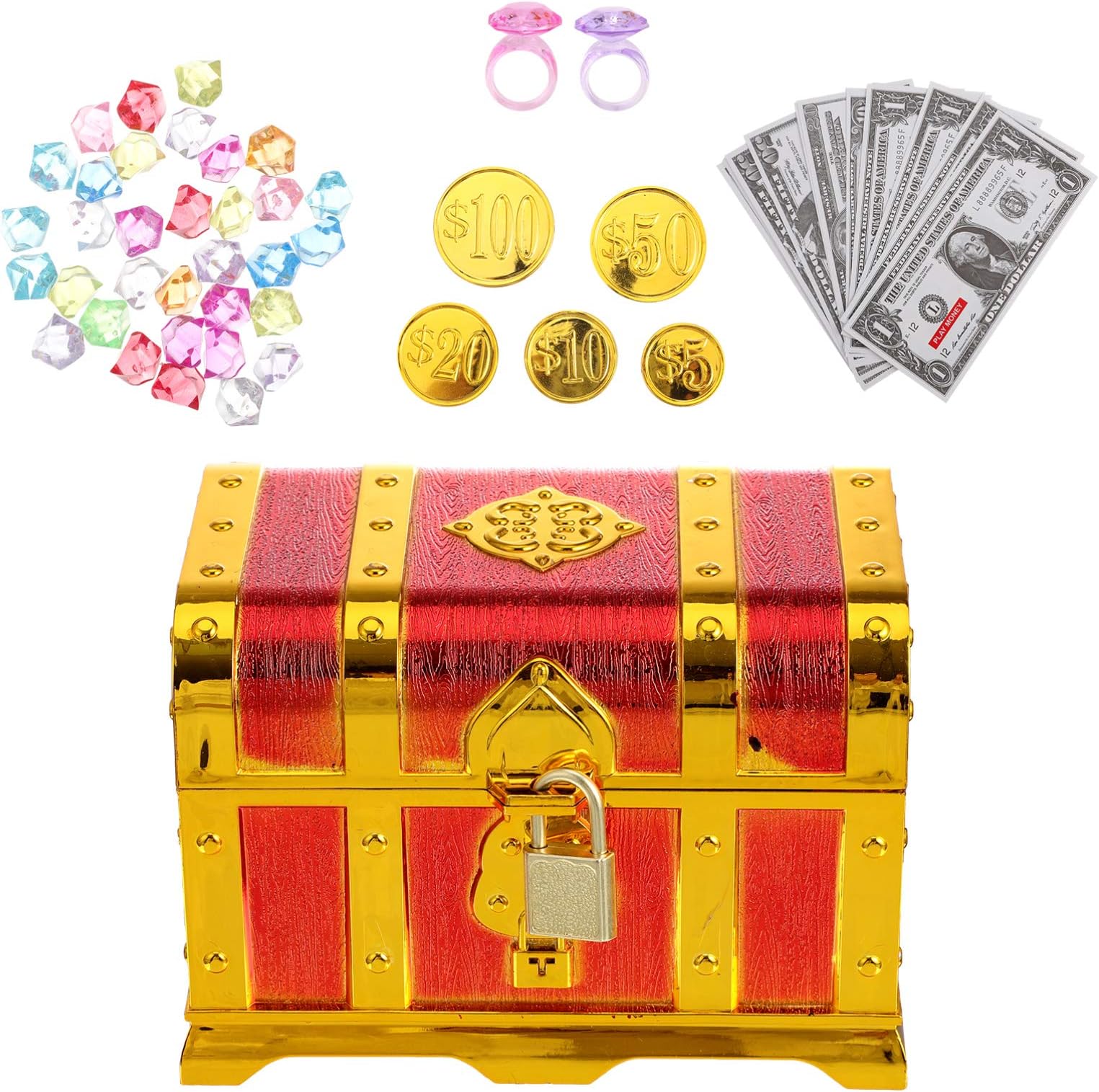 Pirate Treasure Box Toy Pirate Treasure Chest Toys Coins and Gems Rings Box for Kids Children Toddlers