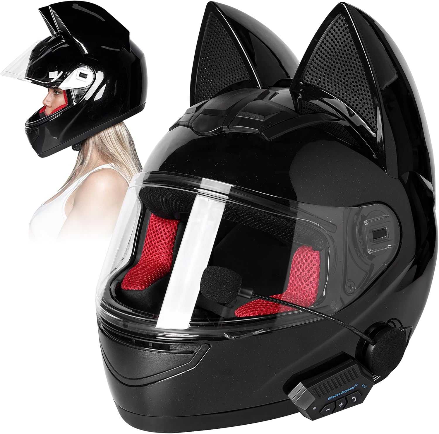 Custom Kitty Cat Ear Automotive Motorcycle Biker Helmet with Bluetooth | for Moped | Bike | Vespa | Scooter | ATV | Quad | Dirtbike | DOT FMVSS218 Approved and Certified