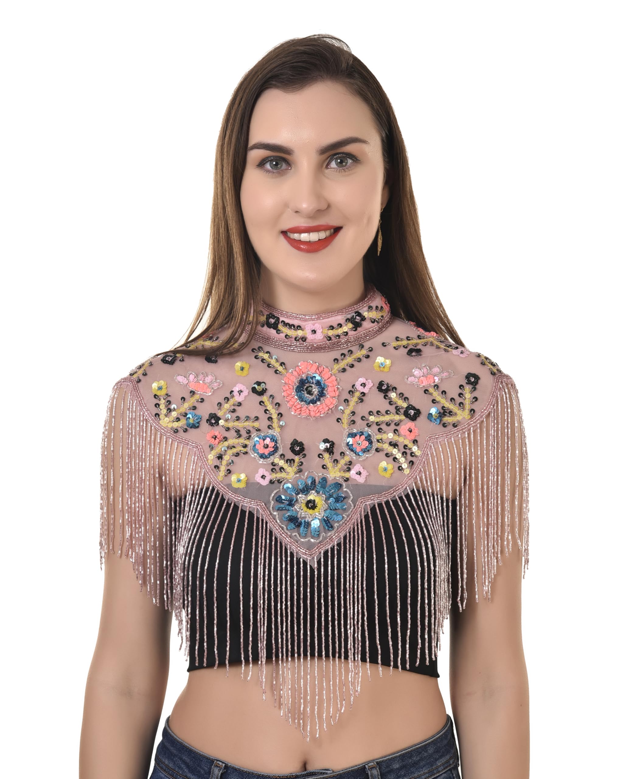 Floral Beaded Mesh Cape with Fringe, Vintage Style Collar Shawl, Pink Blue Yellow Embellished-picture-32