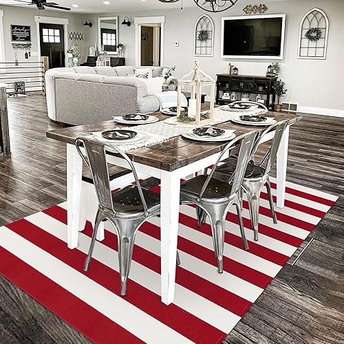 Vista 330 de KILOCOCO Alfombra de rayas beige de 2.3 x 3.6 pies para interiores y exteriores, alfombra tejida a mano de algodón lavable a rayas para puerta Rayas