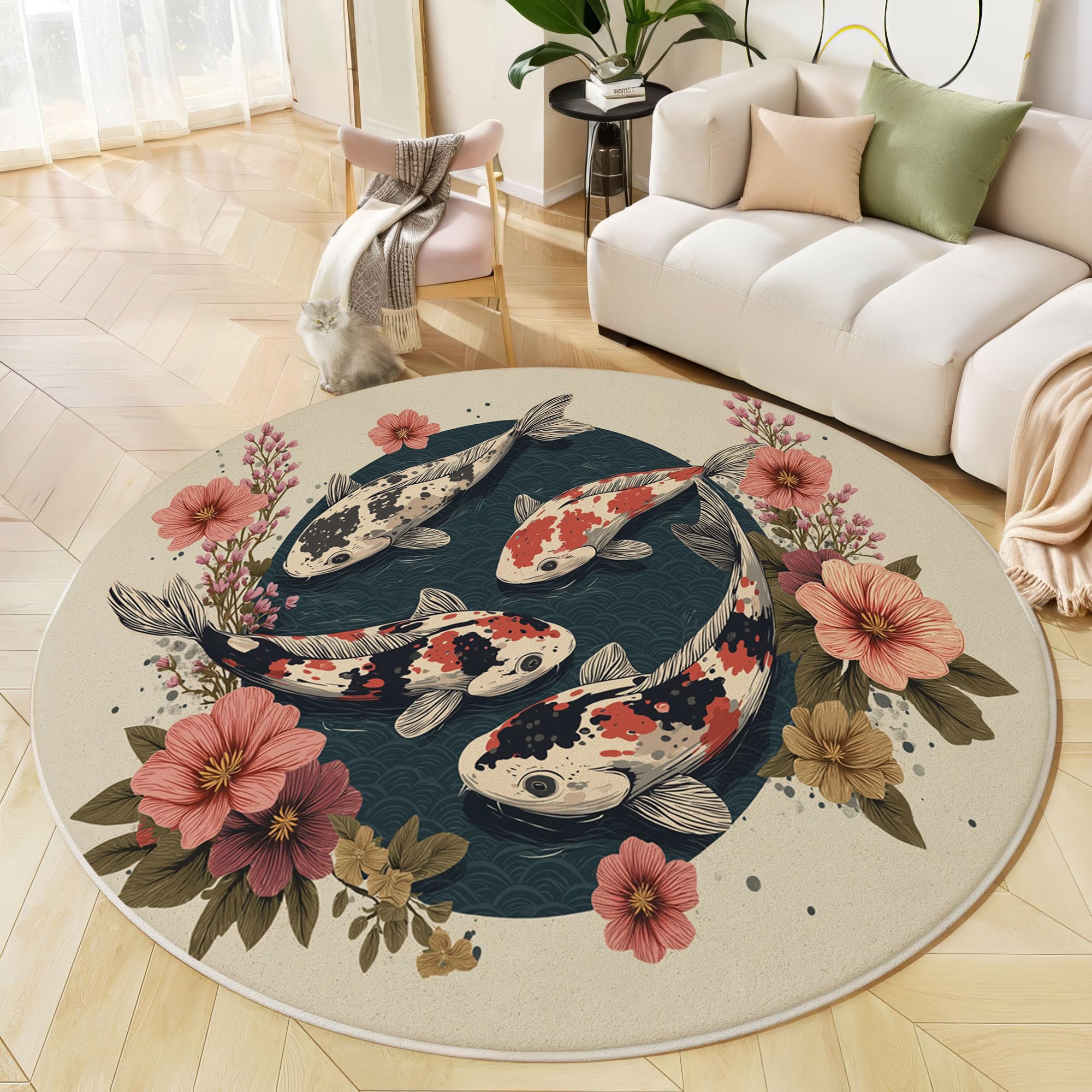 Tapis rond de salon beige motif fleurs et carpe orientale lavable doux 200cm