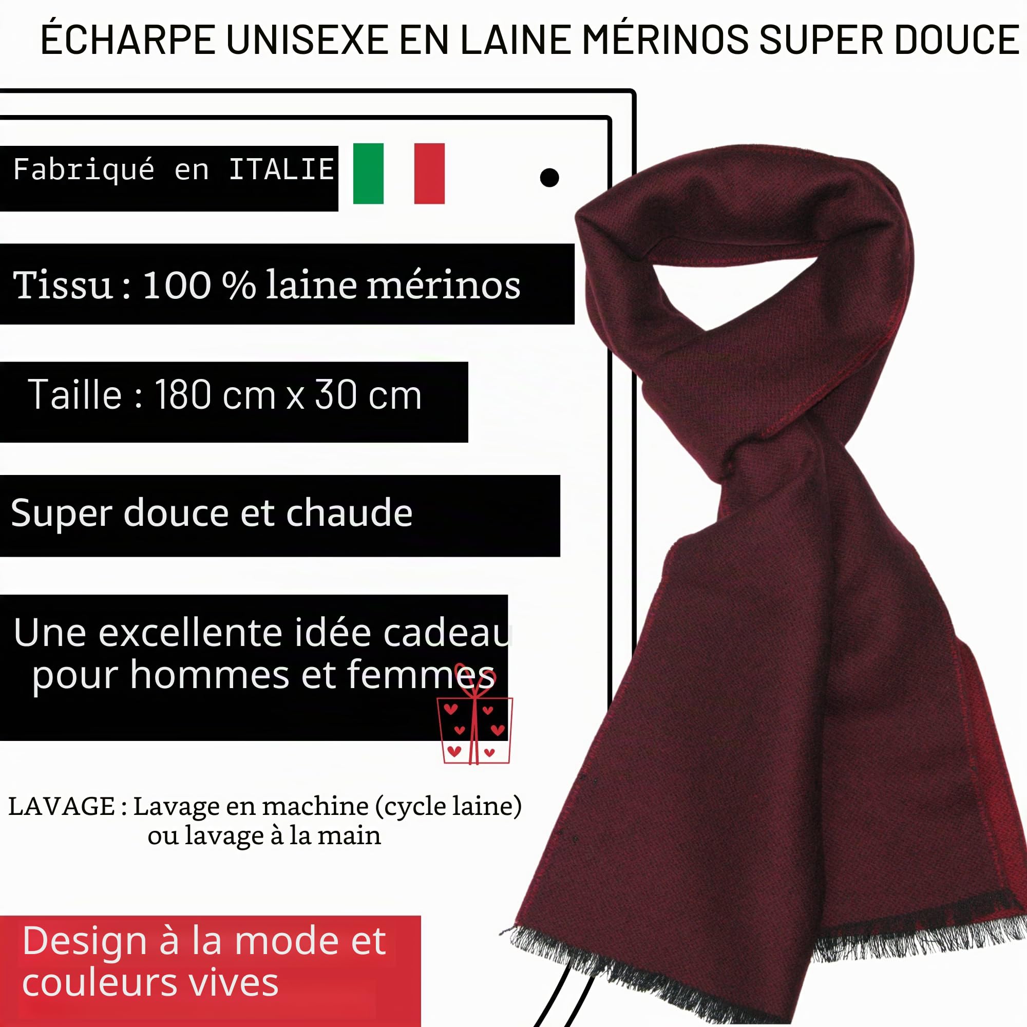 LOVARZI Écharpe en laine fine mérinos - Écharpes d'hiver pour homme et femme - Fabriquée en Italie