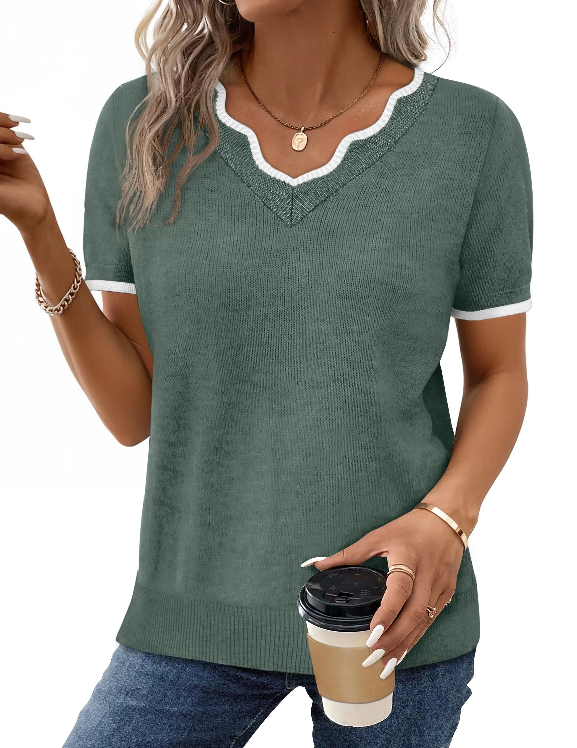 OFEEFAN Short Sleeve Sweater for Women V Neck Lightweight Sweaters Fashion Clothing Business Casual Outfits