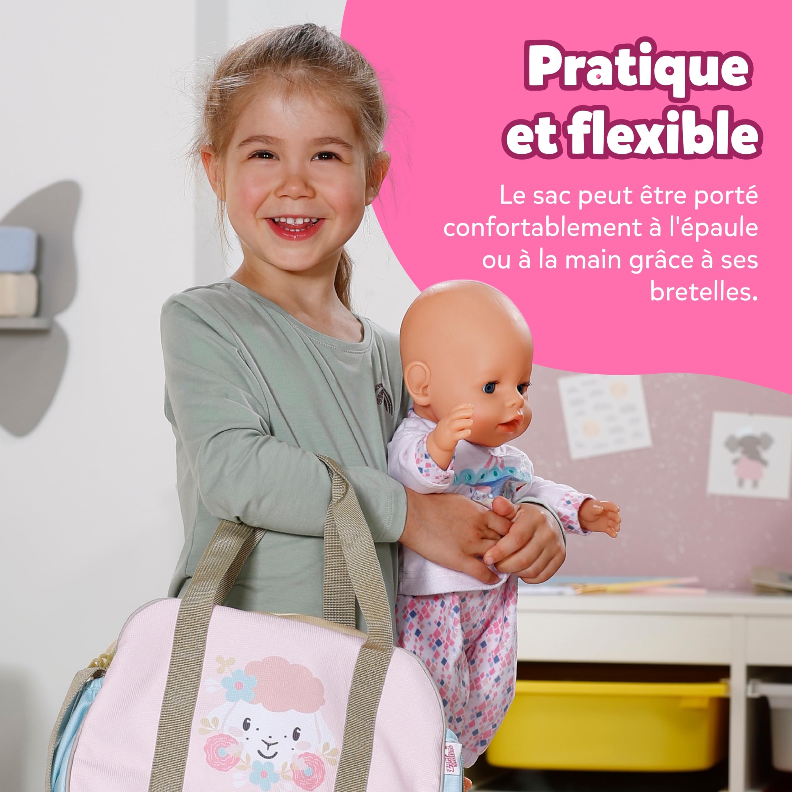 BABY born Sac à langer – Sac à langer pour poupées avec motif fleuri – Inclut tapis à langer, couche & boîte de poudre – Accessoire de poupée haut de gamme – Pour poupées de 36 cm & 43 cm