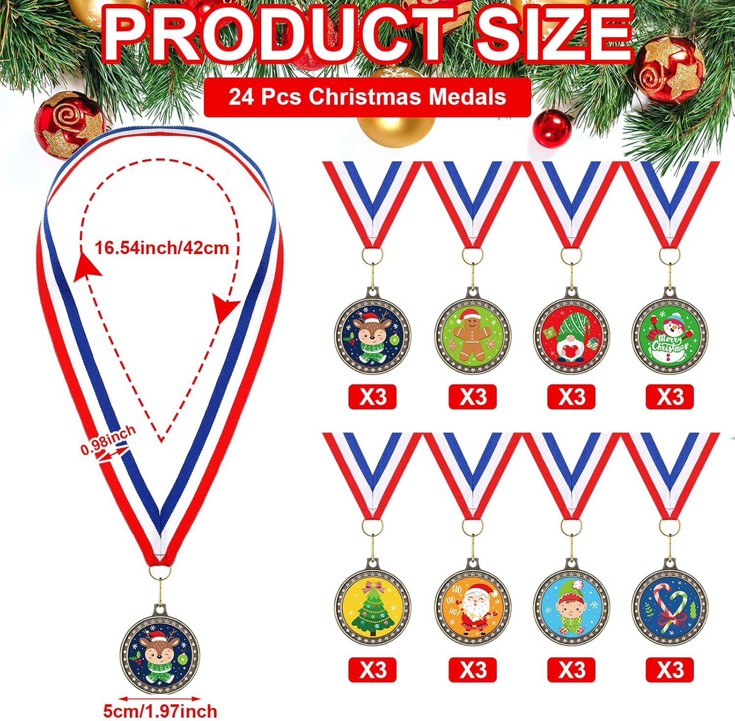 24 Pcs Christmas Award Medals 1.97'' with Neck Ribbon Metal Xmas Contest Medals Festival Party Competitions Prizes for Christmas Holiday Decorating Sports Games Party, 8 Styles