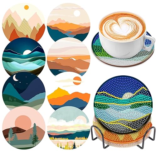 8 Pcs Diamond Art Coasters Kits for Adults with Holder Cork Pads, DIY ﻿Abstract Landscape Diamond Art Dots Painting Coasters Kits for Adults Beginners, Ideal Gift