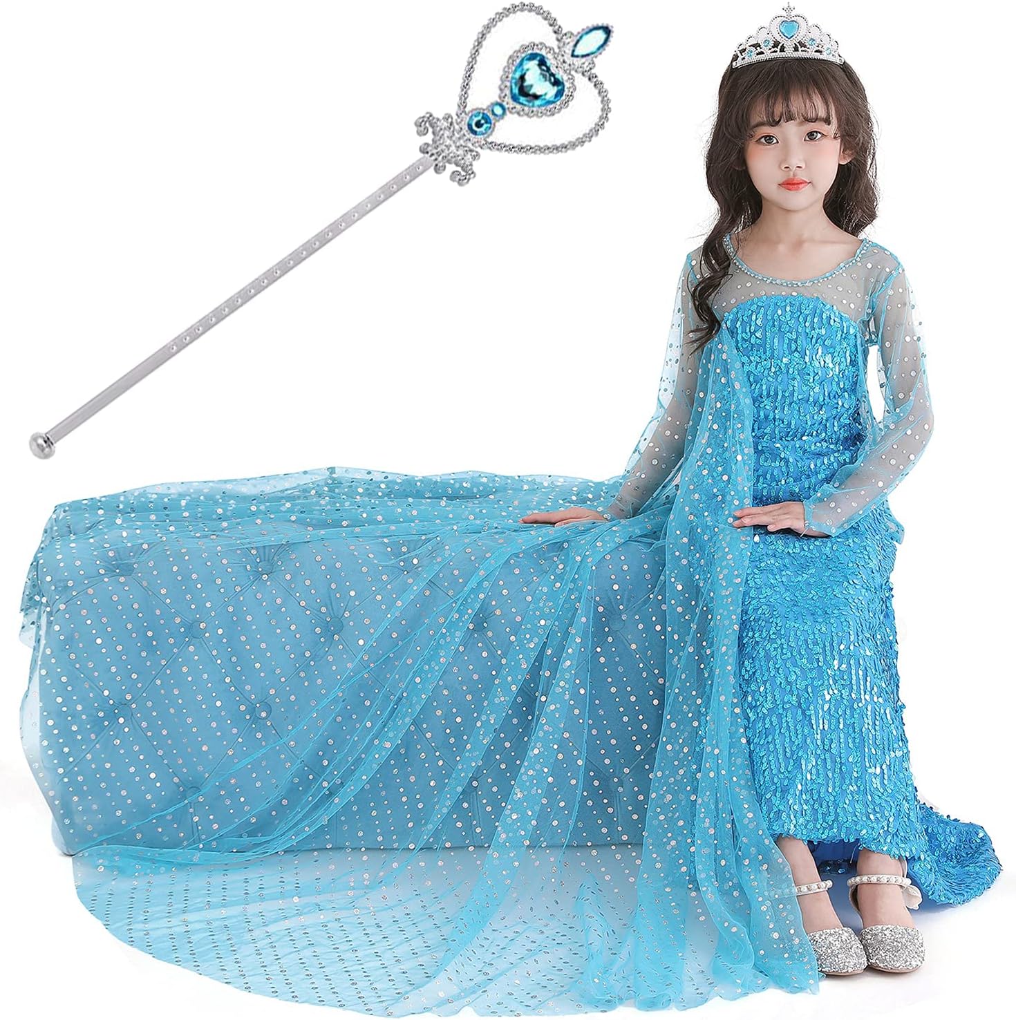 DLMAONN Luxury Princess Dress Costumes for Little Girls with Shining Sequin Long Cape Fancy Dress Up Clothes with Crown, Wand Girls Elsa Costume Birthday Party 2-8 Years