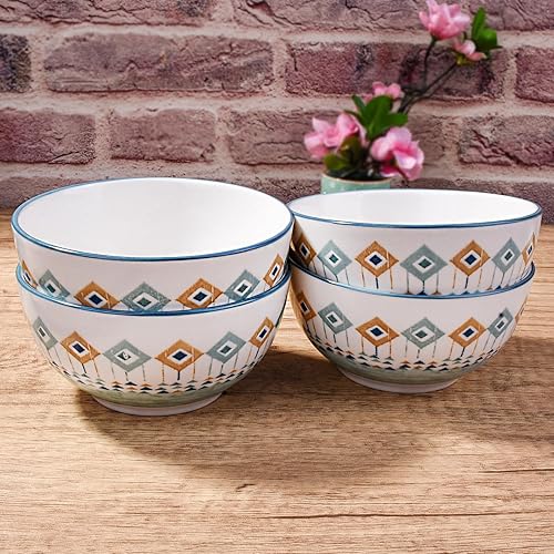 Miniatura 3 de Juego de 4 cuencos de cerámica de 4.5 pulgadas, vajilla de patrón geométrico, vajilla de estilo escandinavo, sumergido, cocción a alta temperatura