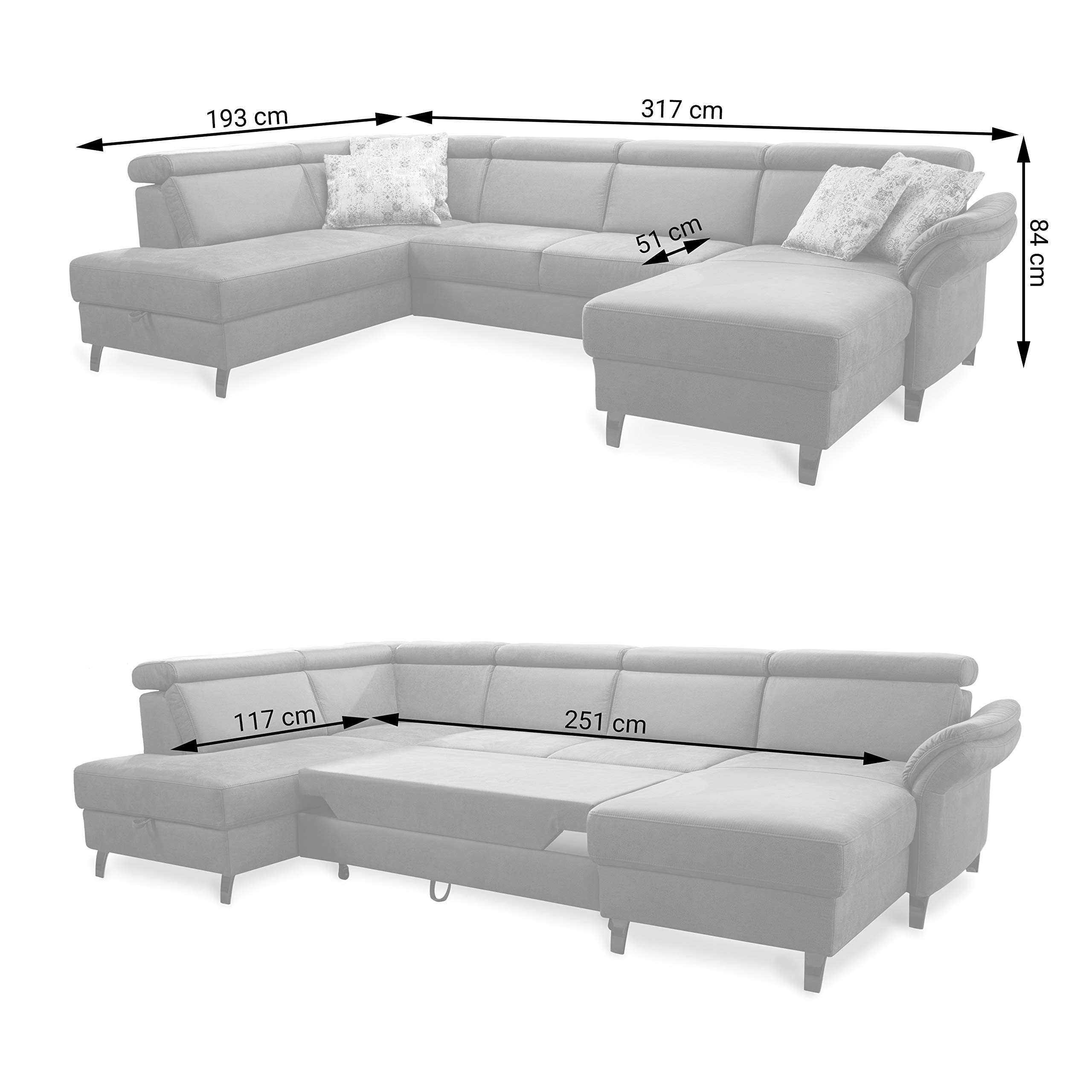 Cavadore Wohnlandschaft Ammerland mit Federkern, Schlafsofa mit Bettfunktion und Bettkasten, inkl. Kopfteilverstellung, 317 x 84 x 193, lederoptik dunkelgrau