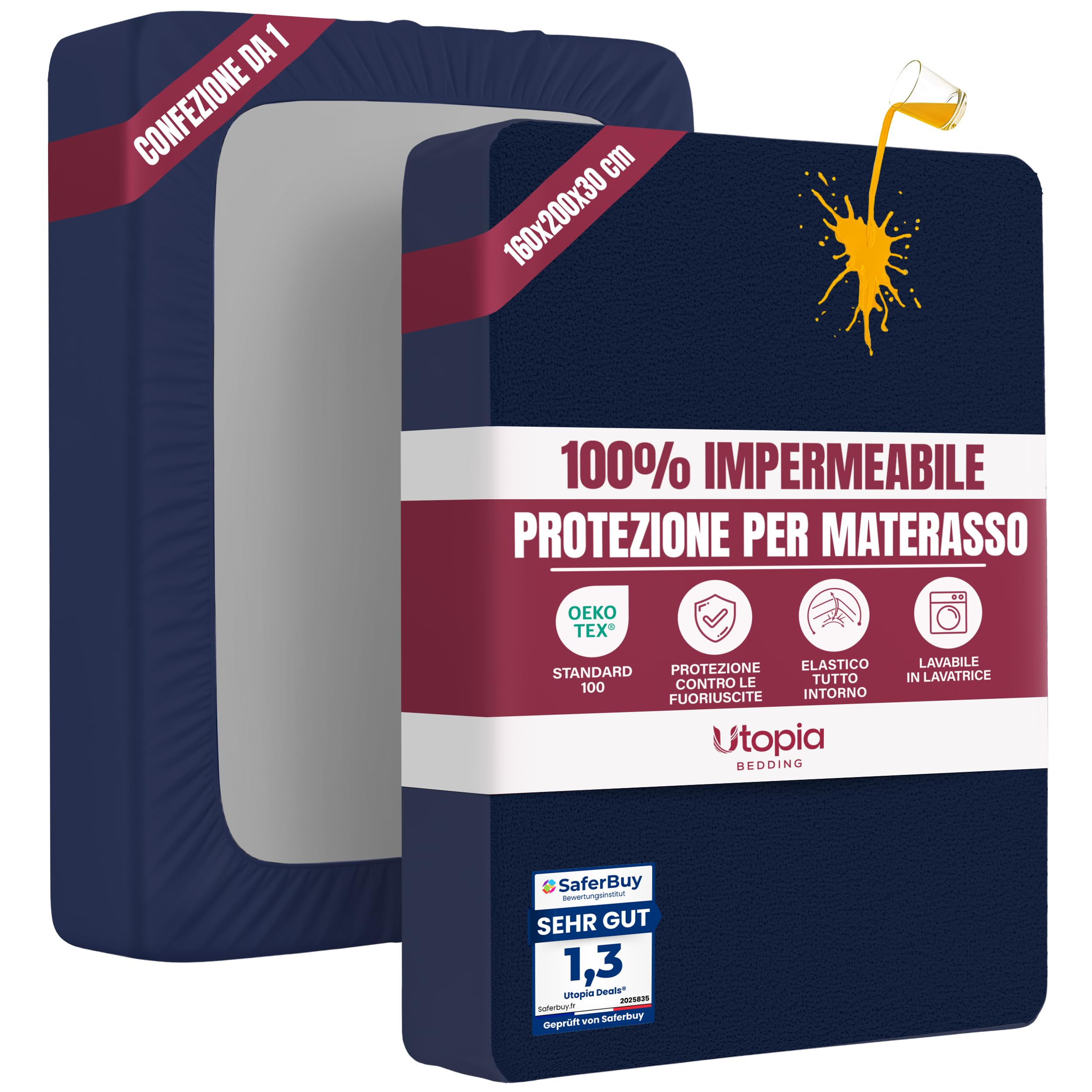 Utopia Bedding Coprimaterasso Matrimoniale Impermeabile 160 x 200 x 30 cm, Certificato OEKO-TEX, Proteggi Materasso, Traspirante, Lavabile, Stile Montato Tutto Intorno Elastico Blu Marino
