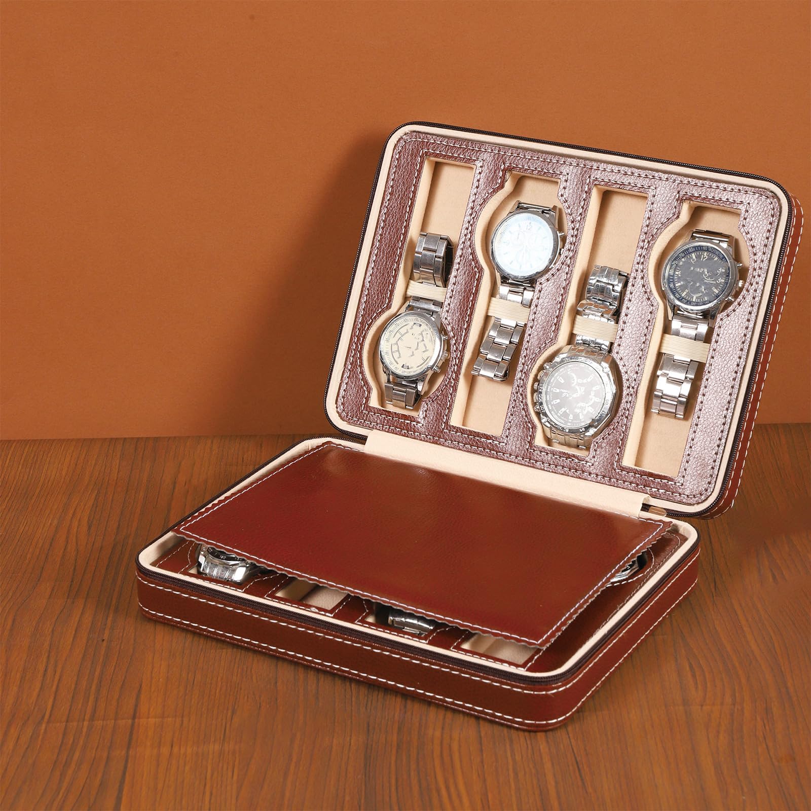 Estuche organizador de relojes con 8 ranuras con exterior de PU, ranuras acolchadas suaves y cierre de cremallera para almacenamiento en hogar y rollo de exhibición Soporte de viaje para relojes