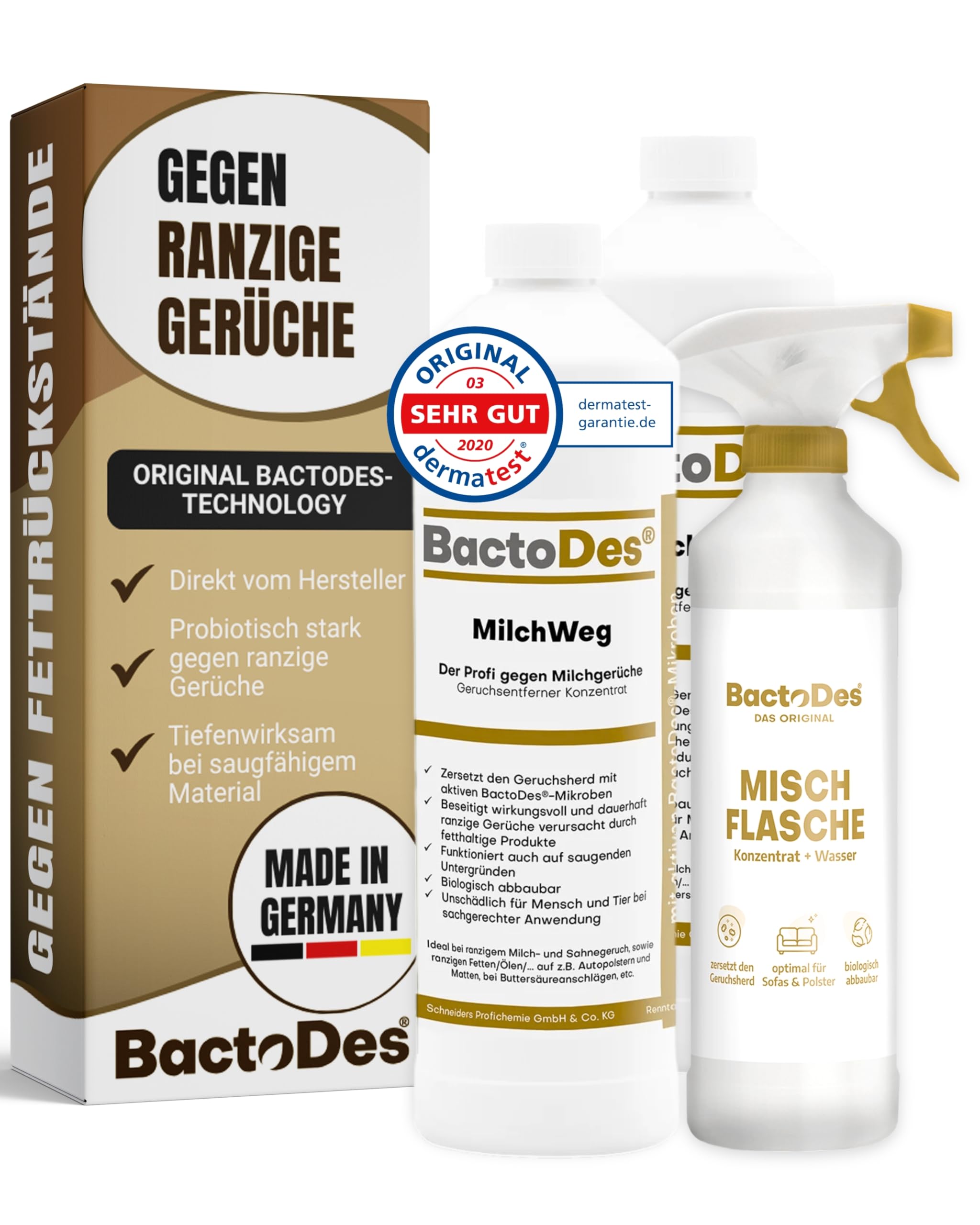 BactoDes - MilchWeg spezial Geruchsneutralisierer 2L Konzentrat mit Spray-Mischflasche - Enzymreiniger mit BIO Mikroben-Wirkung gegen Milchgeruch - Ranziger Fettgeruchsentferner für Sahne, Fett, Öl