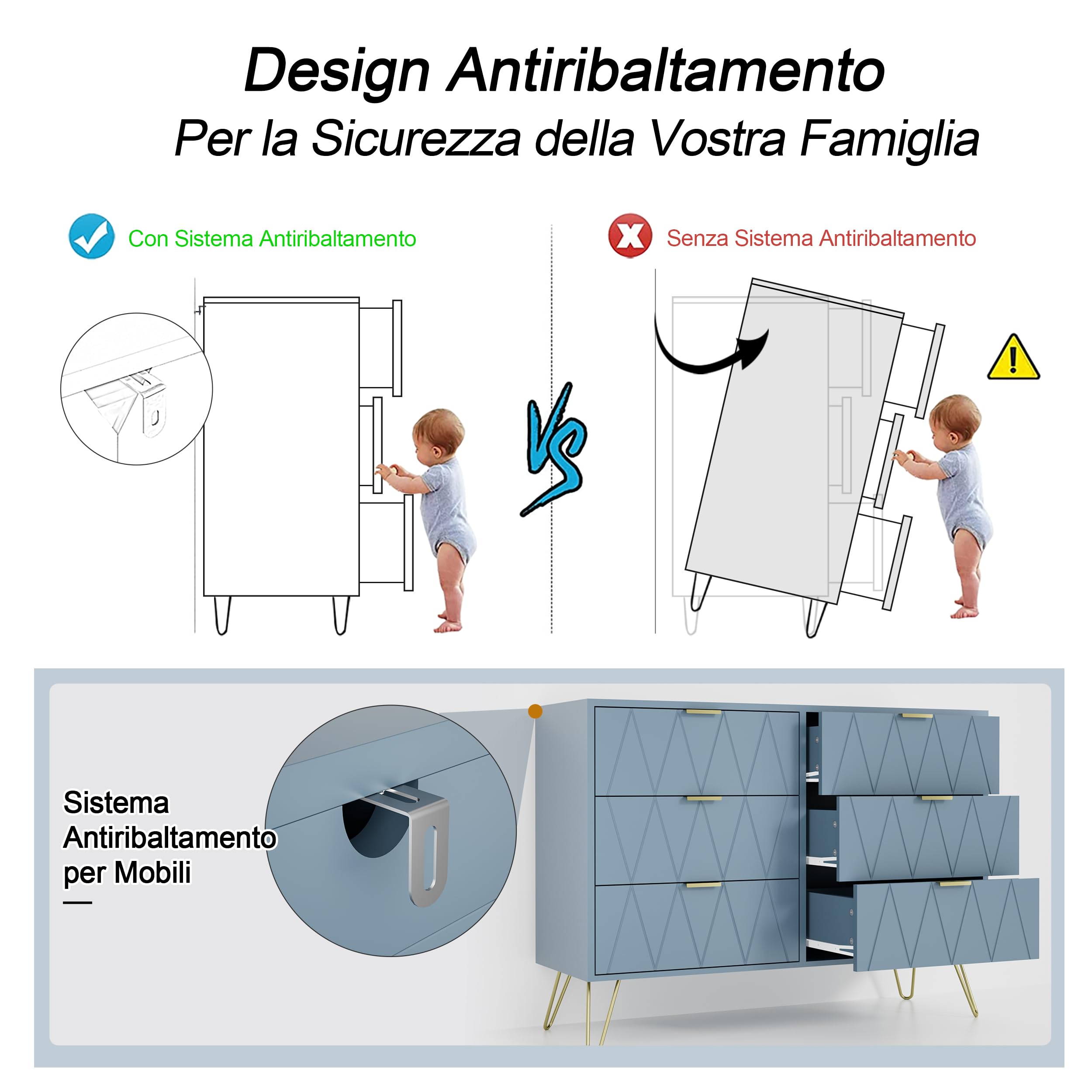 UEV Cajonera 6 Cajones, Cómoda de Madera, Cajonera Ahorro de Espacio para Dormitorio, Salón, 100 x 34 x 73cm, Azul Gris | Para ropa, documentos, juguetes, aparador moderno estrecho con protección antivuelco para salón, dormitorio, fácil montaje