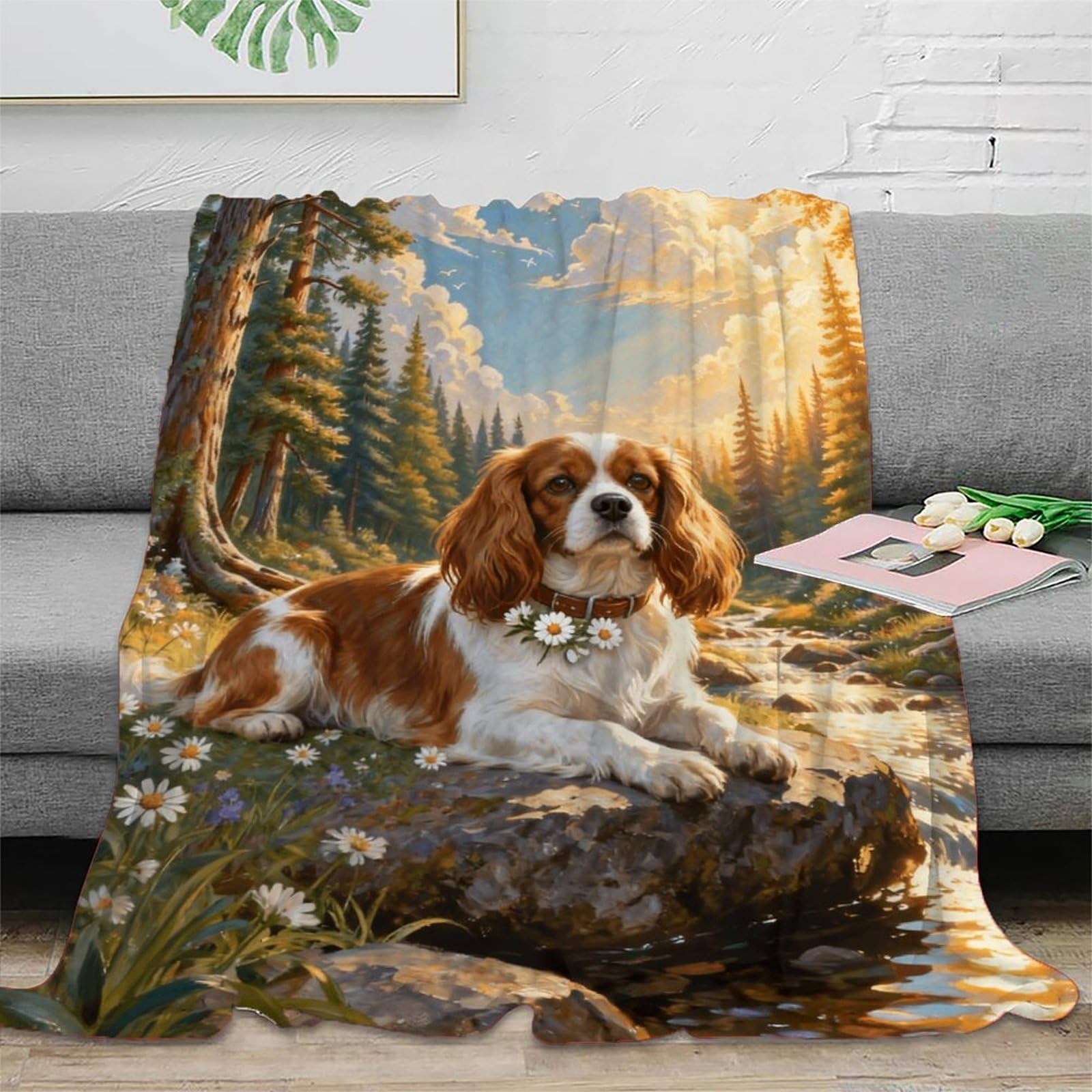 EMYXPAQM Cavalier King Charles Spaniel Fleece Throw Blanket for Couch Sofa Bed All Season Woods Print Blanket Comfort Warmth Flannel Creative Gift for Women Girls Birthday 60x80inch(150x200cm)
