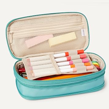 Amazon Basics Multi-Compartment Pencil Case, Large Capacity Pencil Holder for School and Office, Size L, Smooth Turquoise Soft