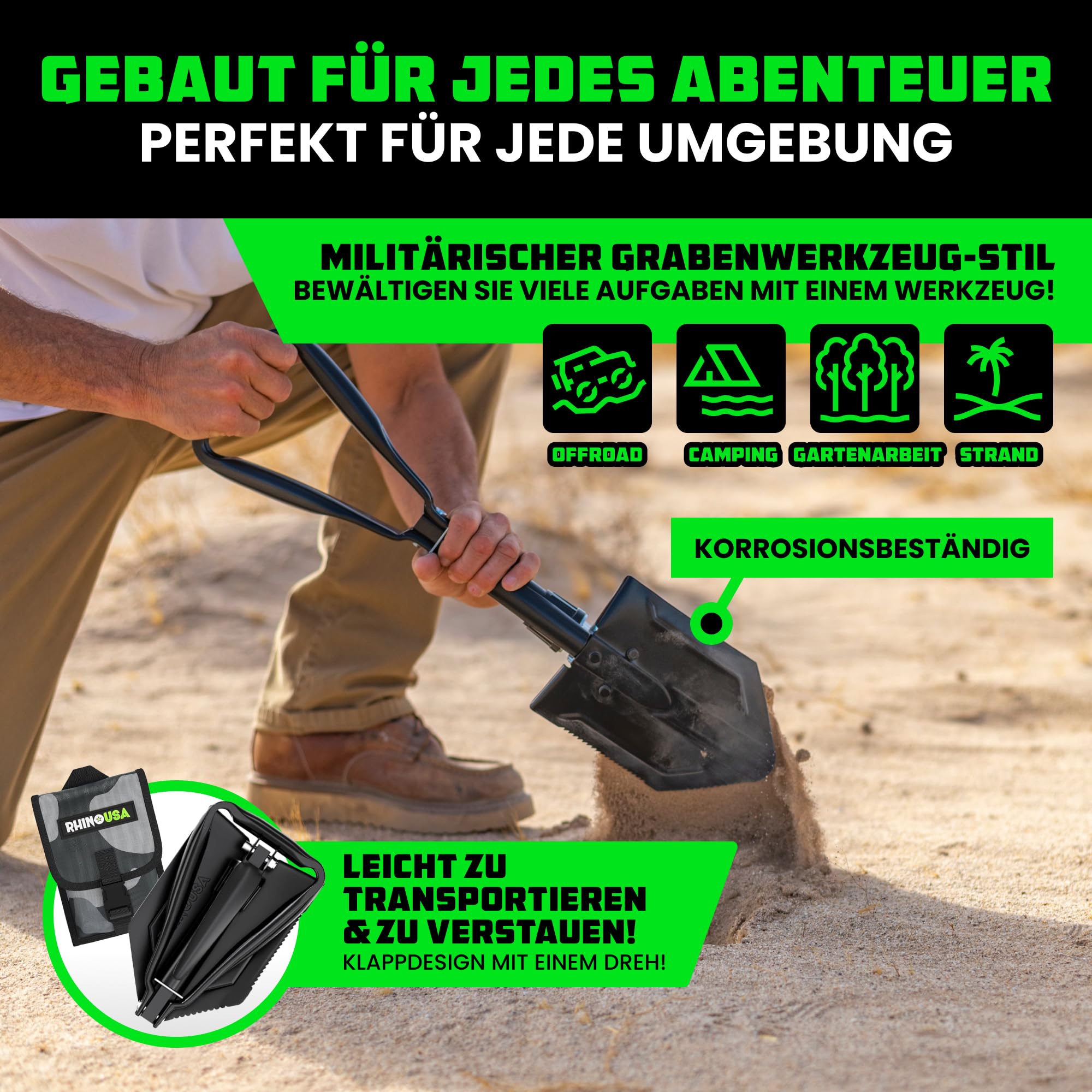 Rhino USA Klappspaten mit Hacke für die Survival Ausrüstung – Klappschaufel aus Karbonstahl für die Outdoor Ausrüstung, Campingausrüstung, als Gartenschaufel, Strandschaufel und Schneeschaufel