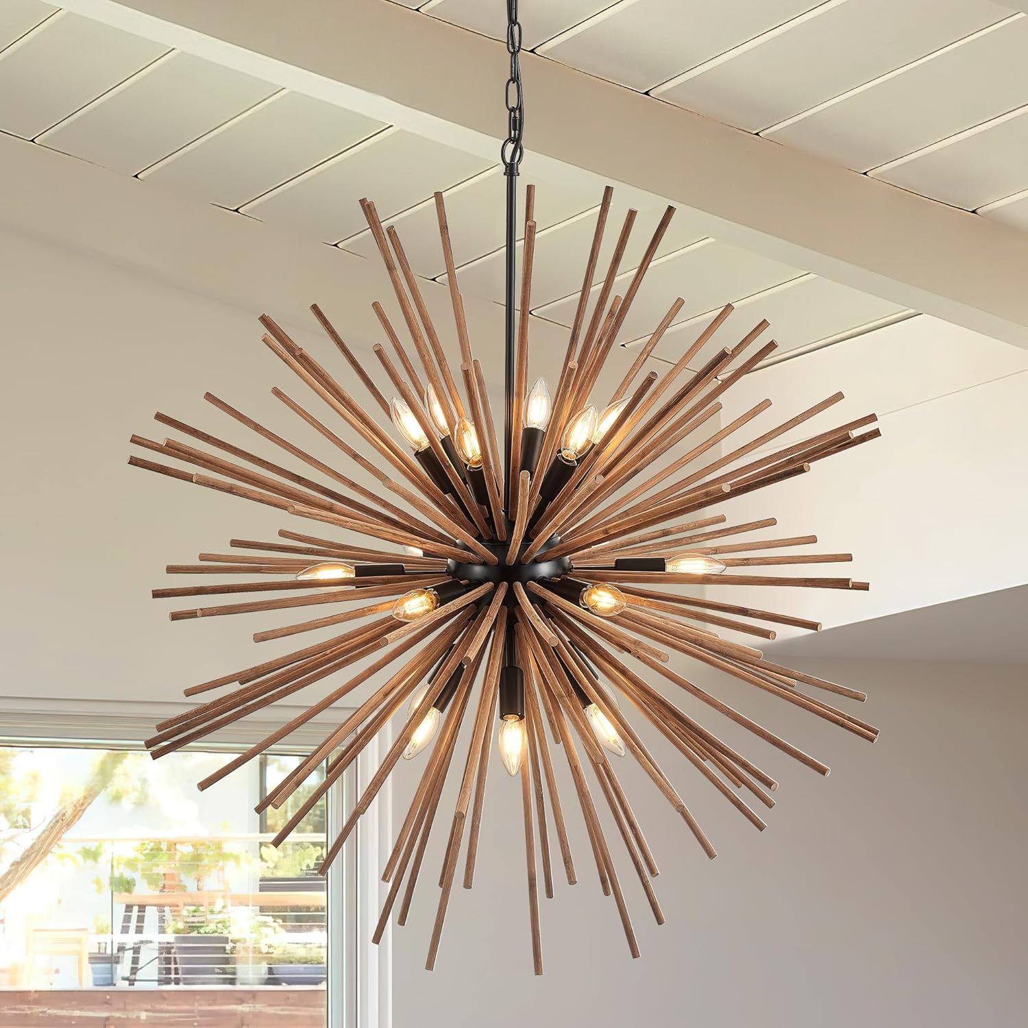37.4" Farmhouse Sputnik Chandelier for Dining Room Rustic Handmade Natural Wood 18-Light Hanging Ceiling Pendant Light Fixture Starburst Wood Chandeliers for Kitchen Bedroom Foyer Hallway Diameter 37.4", 18-Light