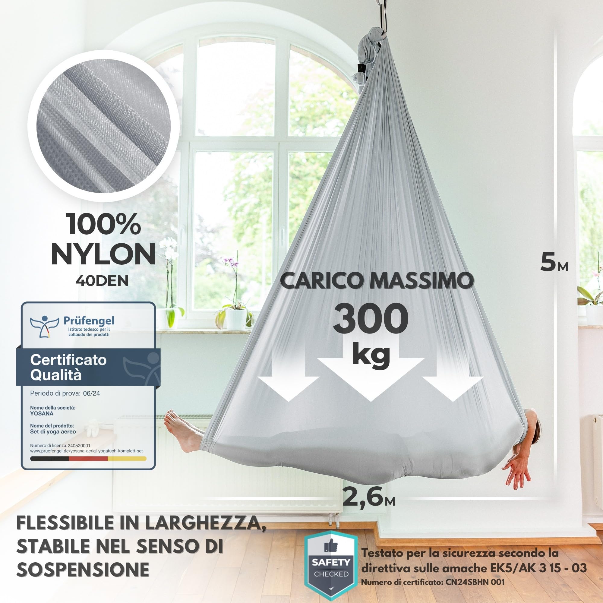 Yosana Amaca | Set completo incl. fissaggio | Testata per la sicurezza | Tessuto in nylon 5m x 2,6m