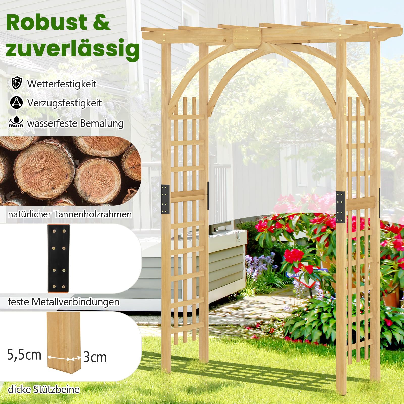 COSTWAY Rosenbogen Holz, Gartenbogen für Kletterpflanzen & hängende Körbe, Torbogen mit Dach, Rankhilfe Rankgitter Rankbogen, für Garten, Hochzeit, Party, Tannenholz, Natur, 160 x 60 x 213 cm