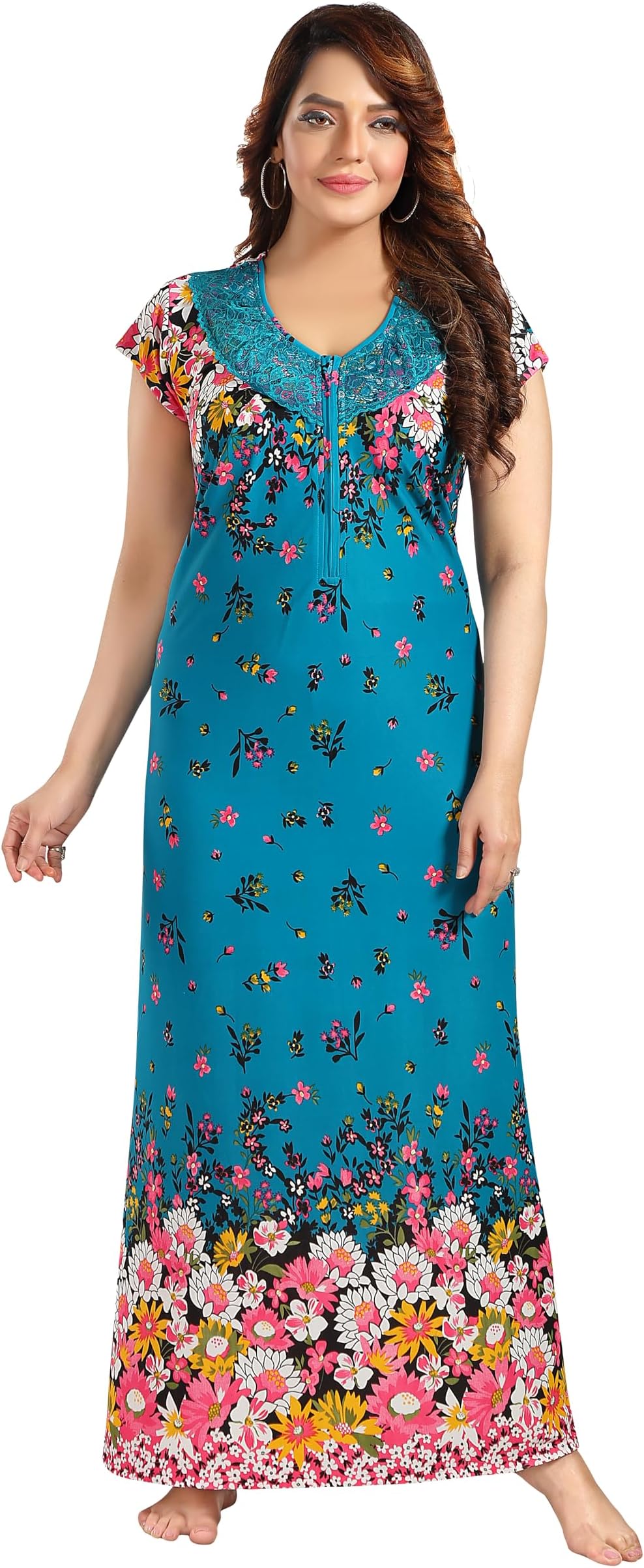 YAZIAWomen's Lightweight Floral Printed Pure Cotton Fancy Nighty Maxi Gown, Night Super Soft Comfortable Design Gown Long Nighty Sleepwear (Pack of 1) (Free Size)