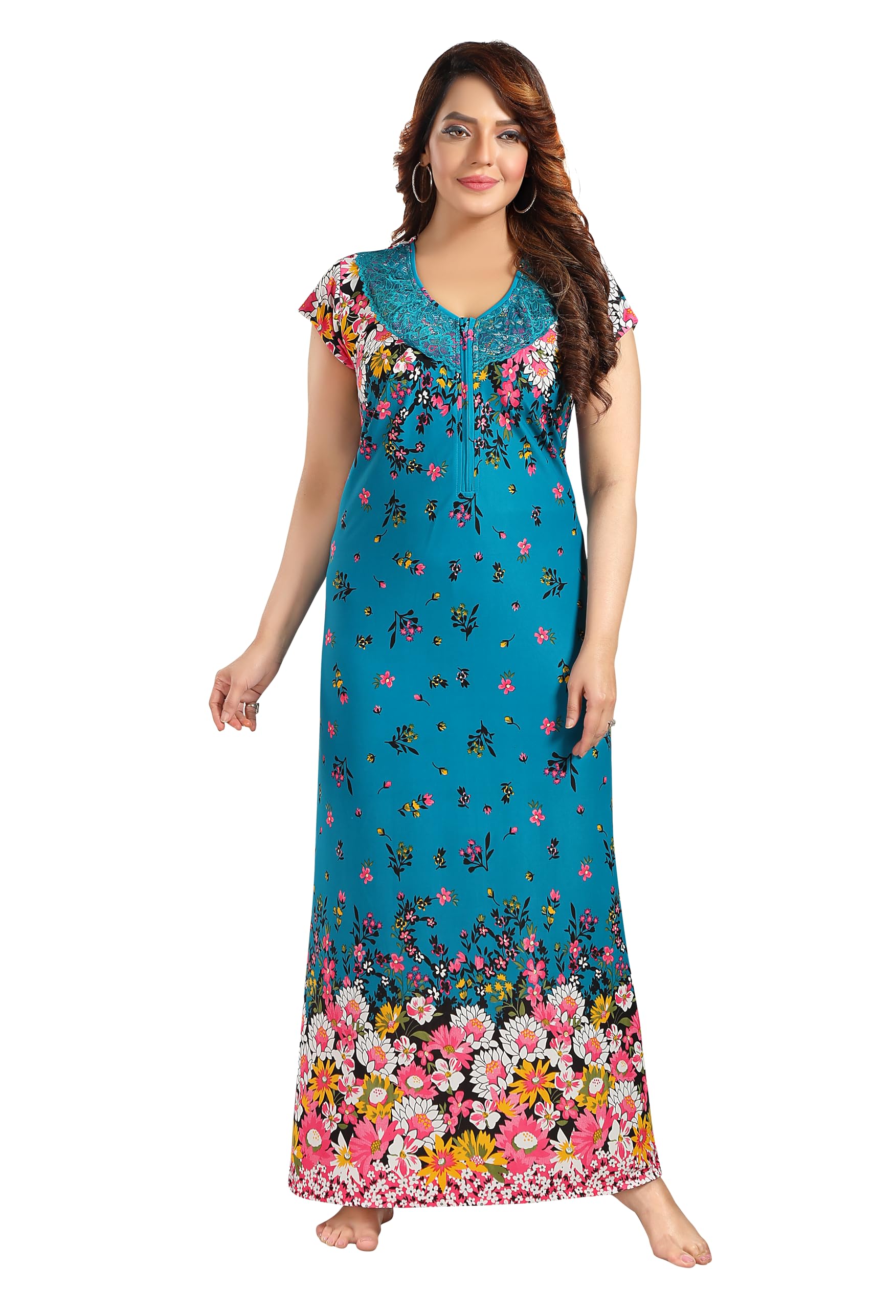 YAZIAWomen's Lightweight Floral Printed Pure Cotton Fancy Nighty Maxi Gown, Night Super Soft Comfortable Design Gown Long Nighty Sleepwear (Pack of 1) (Free Size)