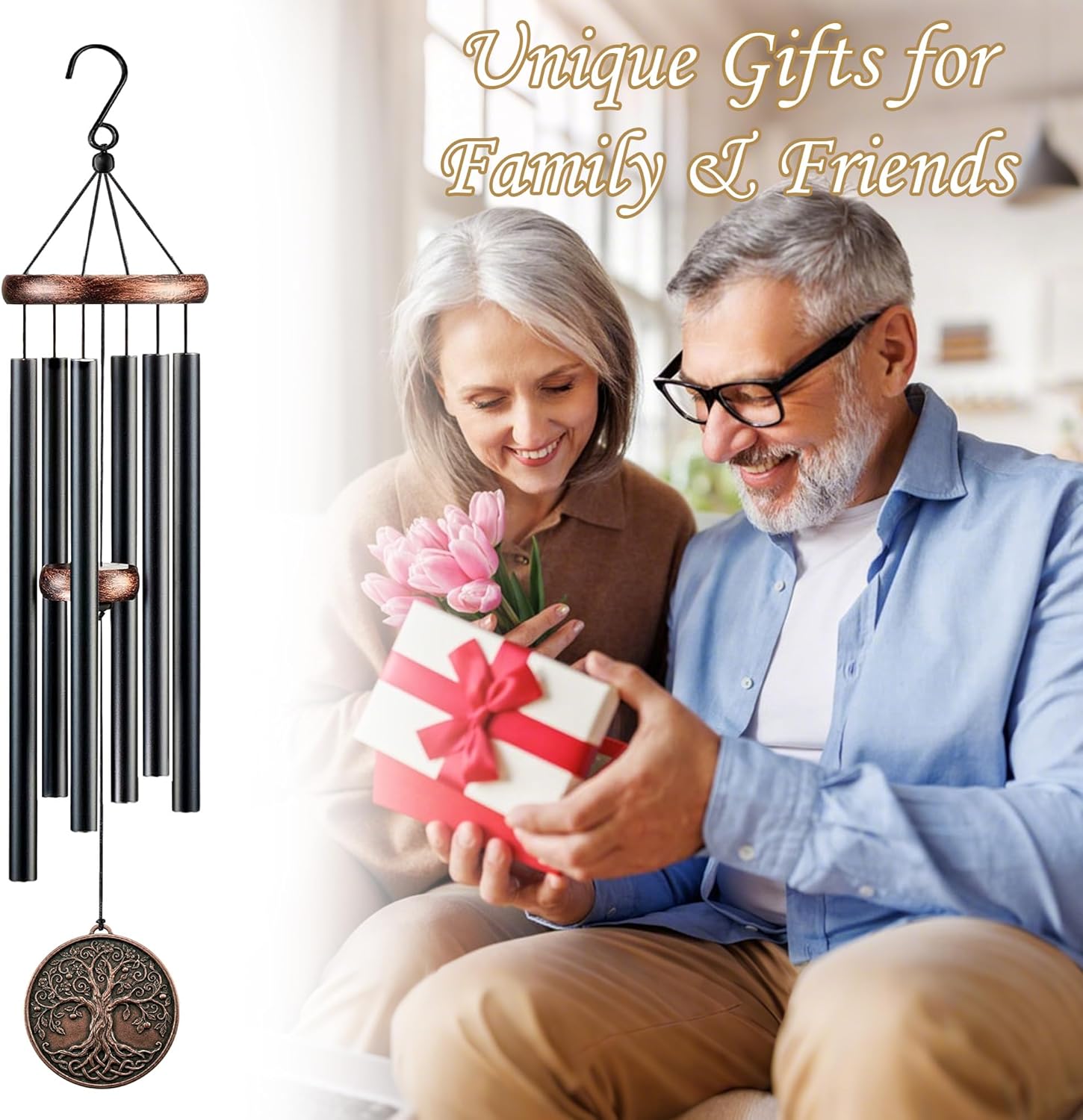 Tree of Life Wind Chimes for Outside, Deep Tone Memorial Windchimes Outdoors with Black Metal Tubes, Large Wind Chime for Patio Porch Garden Yard, Condolences Sympathy Gifts for Loss of Loved One