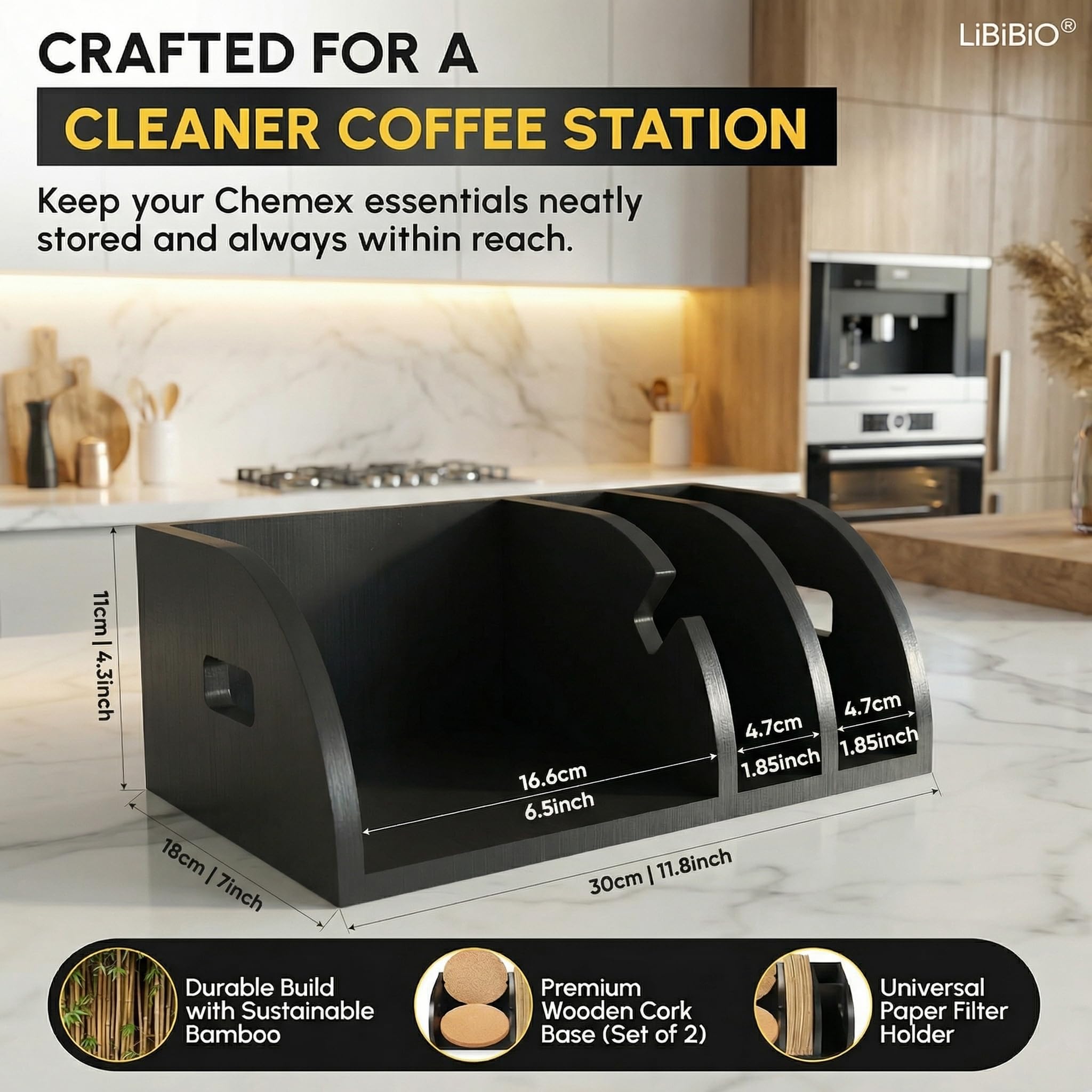 3er-Set: Kaffeefilterhalter + Löffel + Beutel für gemahlenen Kaffee - Schwarz - Ideal als Filterkaffeemaschine/Küchenecke/Geschenkidee (Filtertütenhalter Halter für Kaffeefilter Filtertüten-Spender)