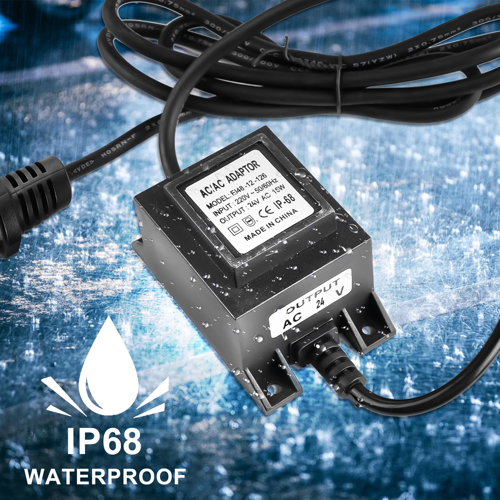 Transformador LED 24V, AC/AC 15W Adaptador LED Transfo, Exterior Impermeable Fuente de alimentación LED Driver Impermeable IP68, Transformador Adaptador para Iluminación Exterior y Bombas de Cuenca
