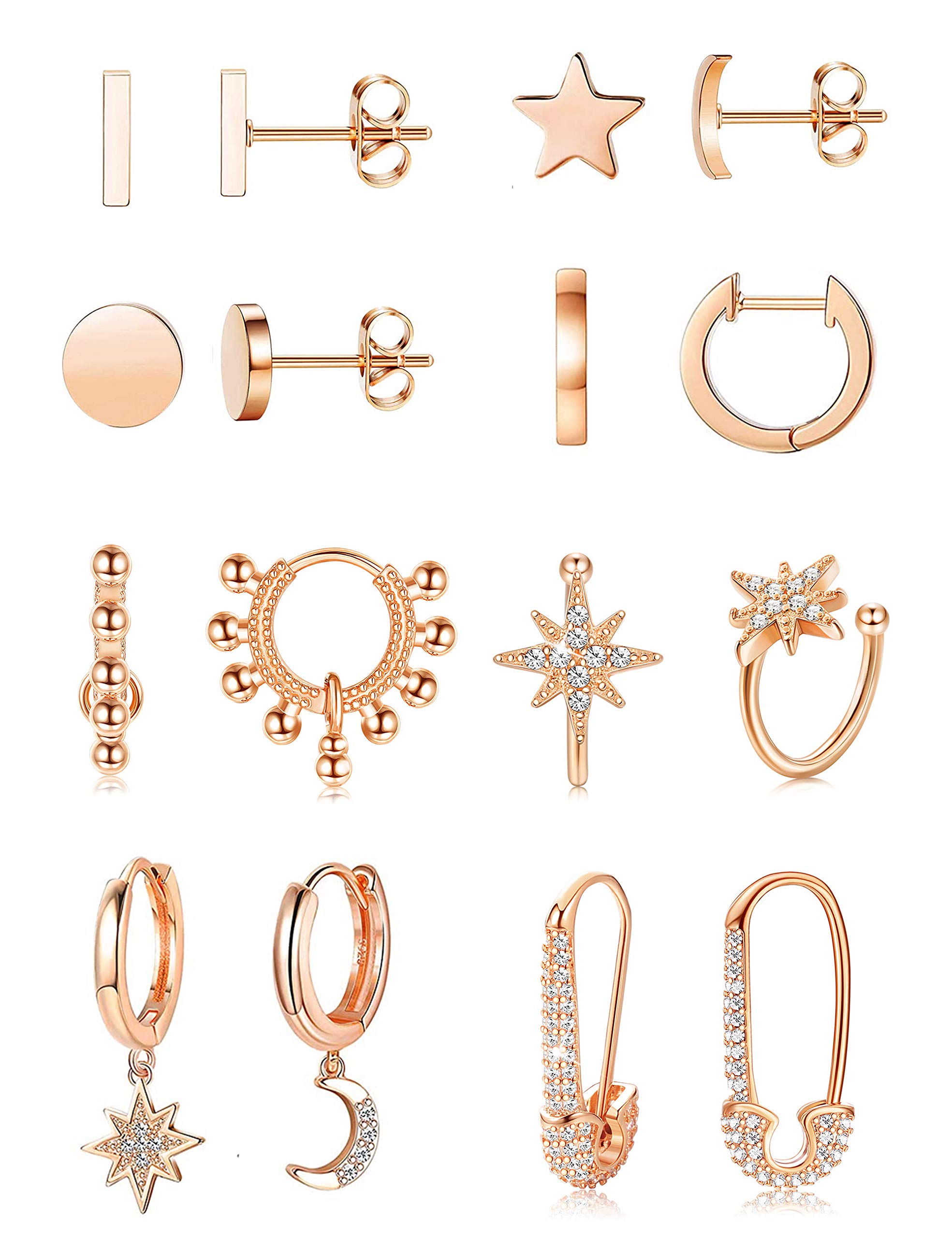 8 Pairs Moon Star Dangle Hoop Earrings for Women Mini Bar Stud Earrings Pin Cartilage Huggie Cuff Earrings Jewelry Set