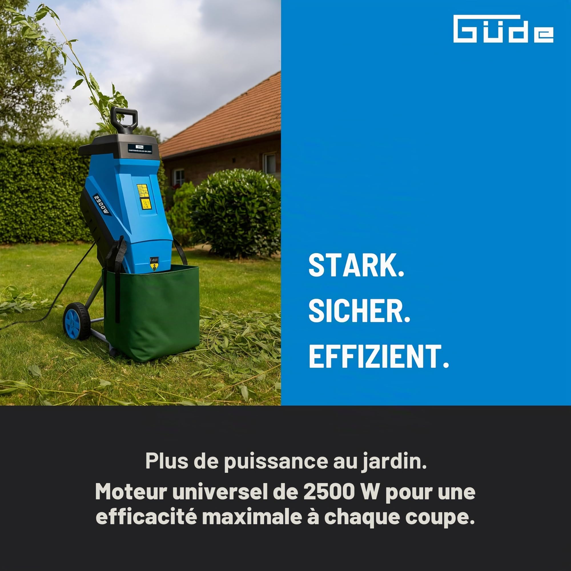 Güde 94372 GH 2501 Hachoir de jardin avec bras de suspension automatique 45 l, Bleu