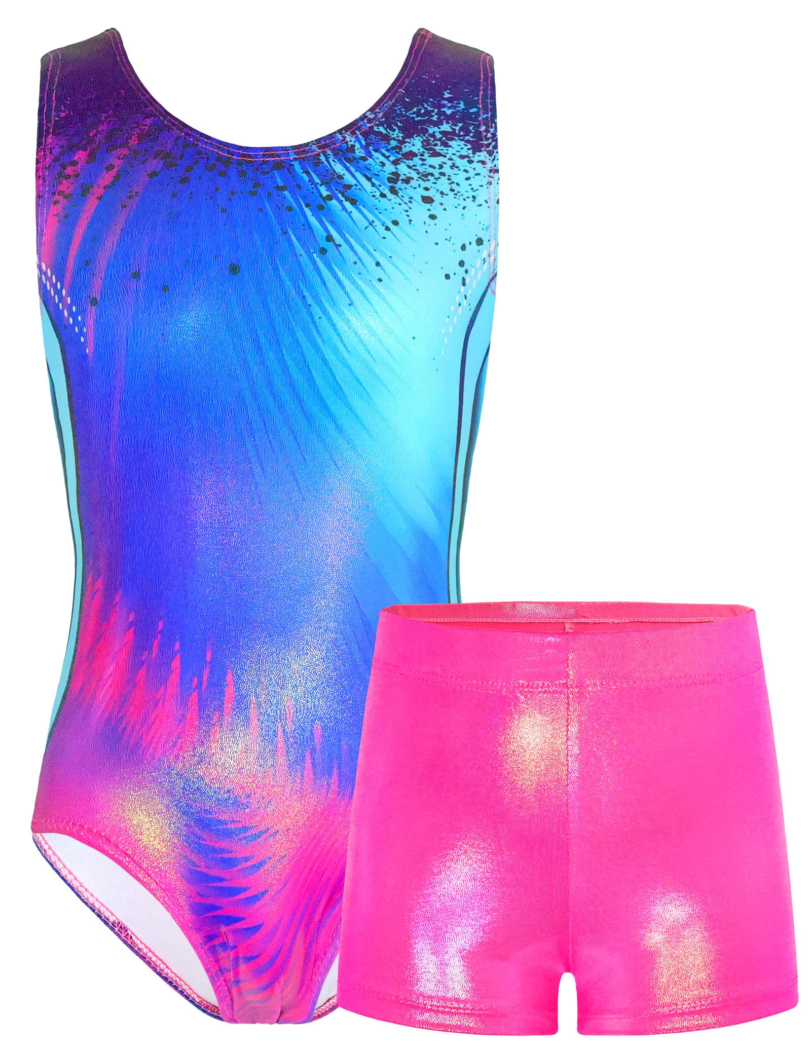 TENVDA Gymnastics Leotards for Girls 5-12 Years Old Sparkly Dance Tumbling Outfit Matching Shorts Set