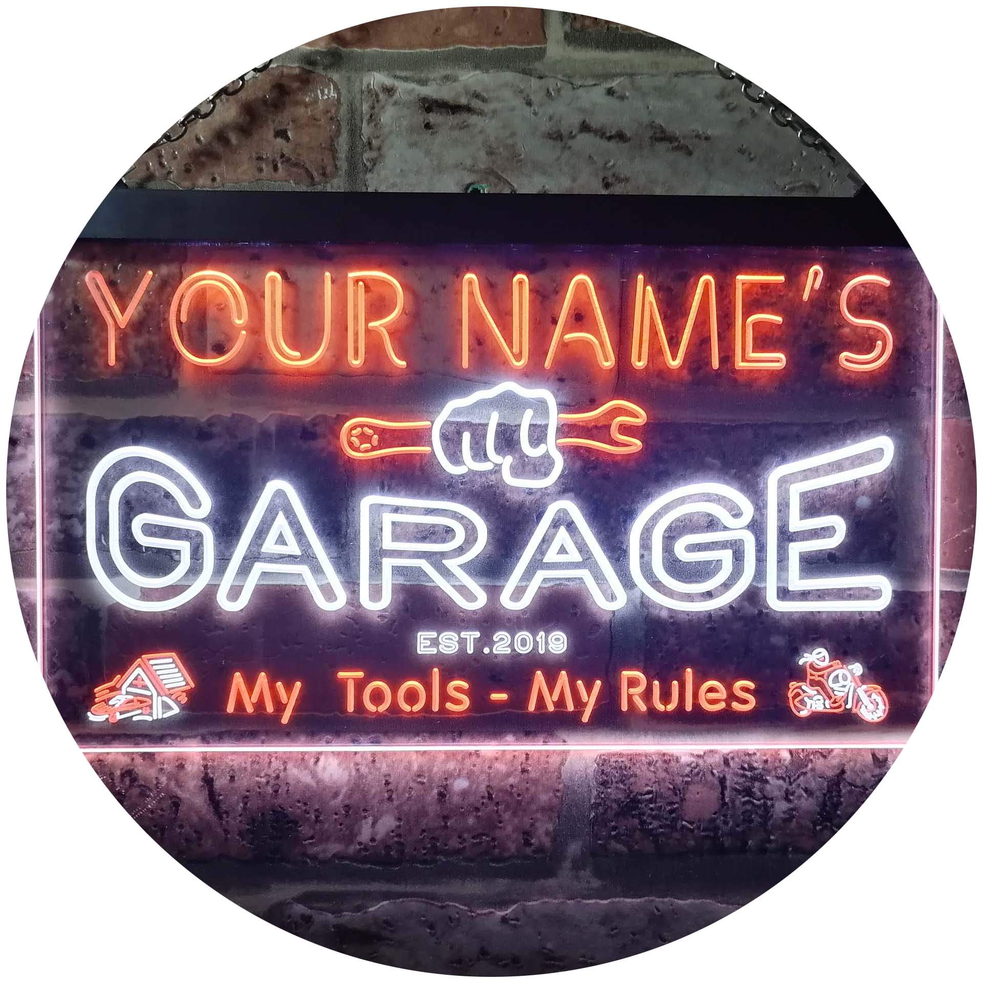 ADVPRO Personalized Your Name Est Year Theme Garage Man Cave Deco Dual Color LED Neon Sign White & Orange 400 x 300mm st6s43-pp1-tm-wo