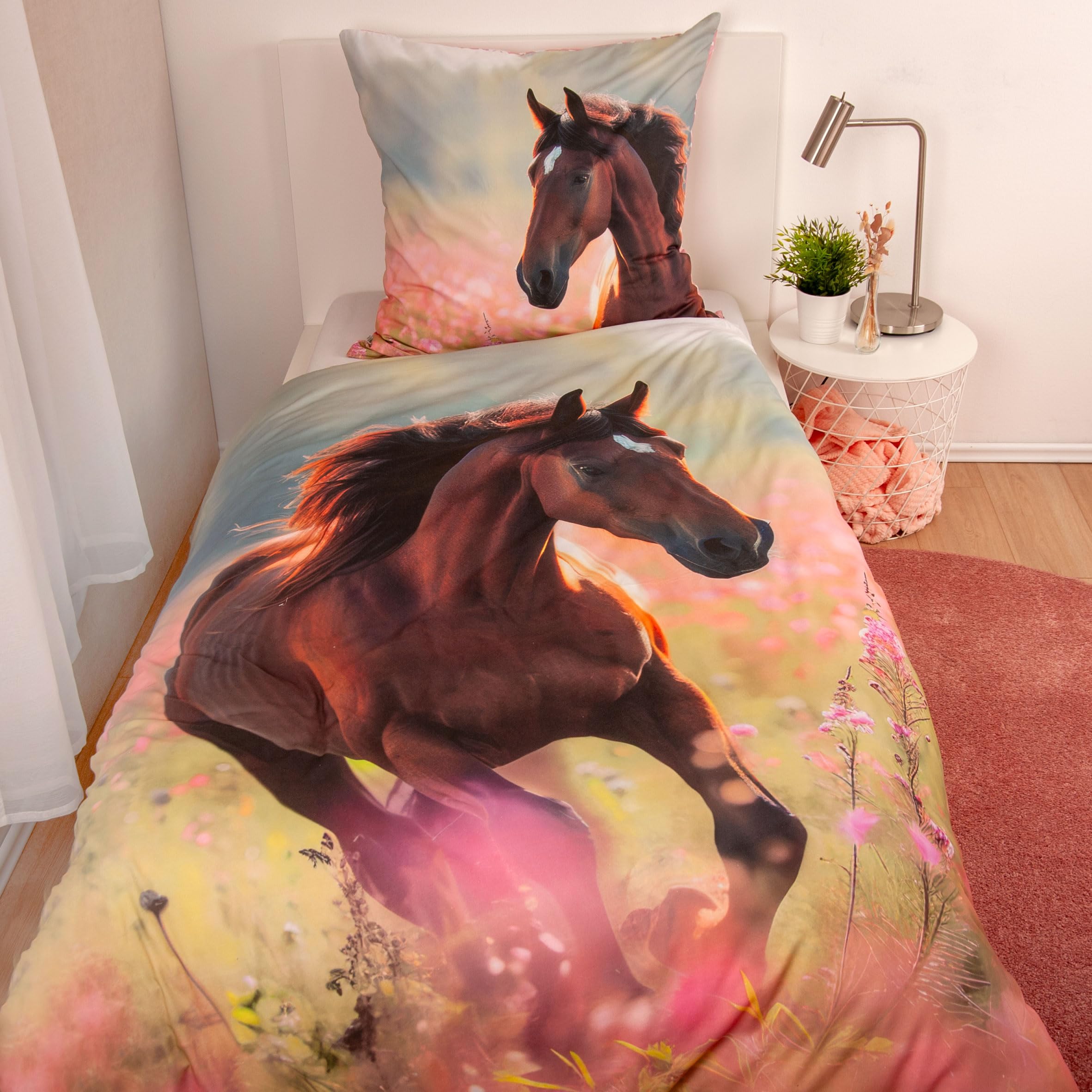 Herding Young Collection Biancheria da Letto Cavallo, Federa 80 x 80 cm ca., Copripiumino Circa 135 x 200 cm, Con Cerniera Scorrevole, 100% Cotone Renforcé