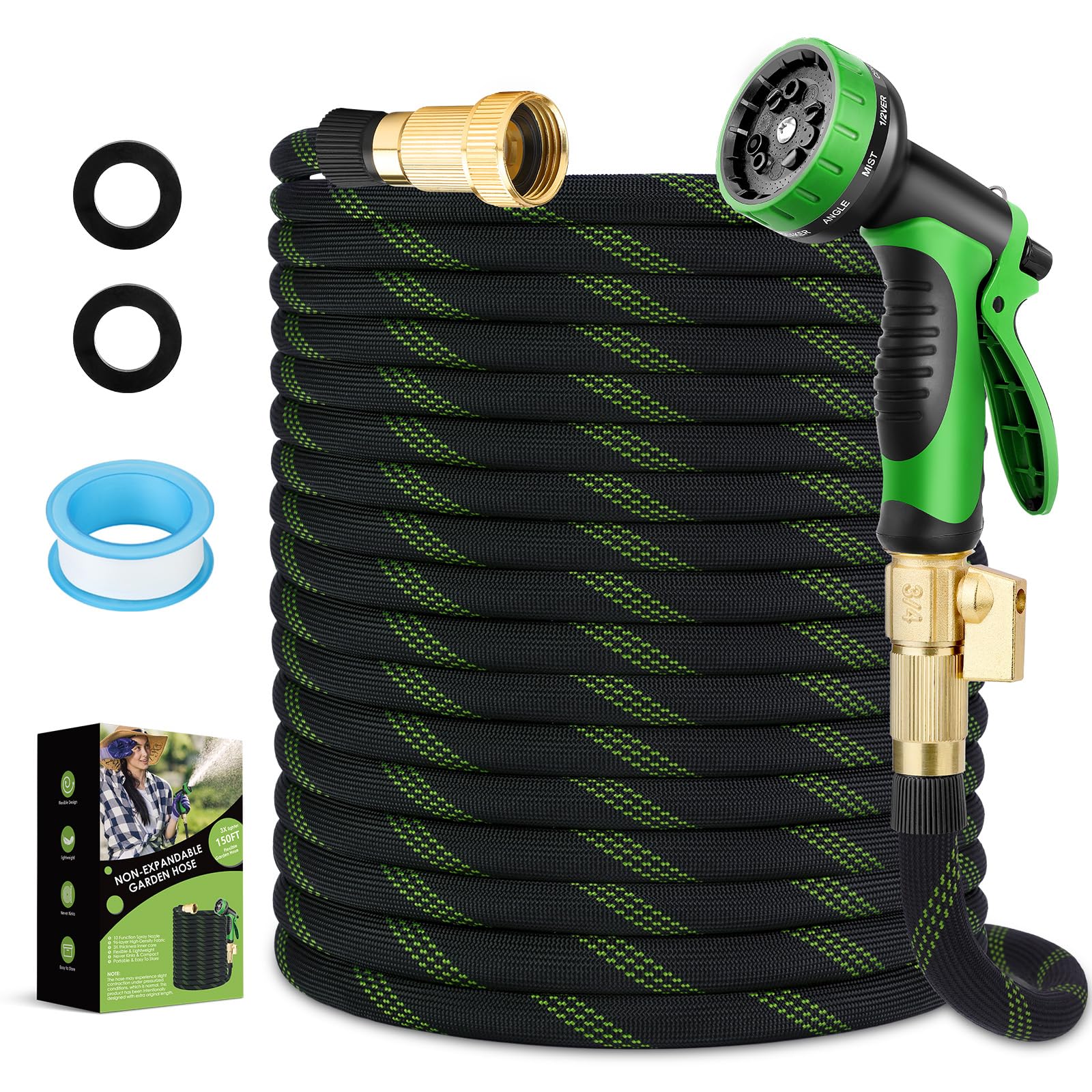 NON-EXPANDABLE Garden Hose 150 ft, Ultra Lightweight & Super Flexible Water Hose With 10-Pattern Spray Nozzle, Kink-Free Hose, Leak-Proof, Durable 3750d High-Density Fabric, Brass Fittings