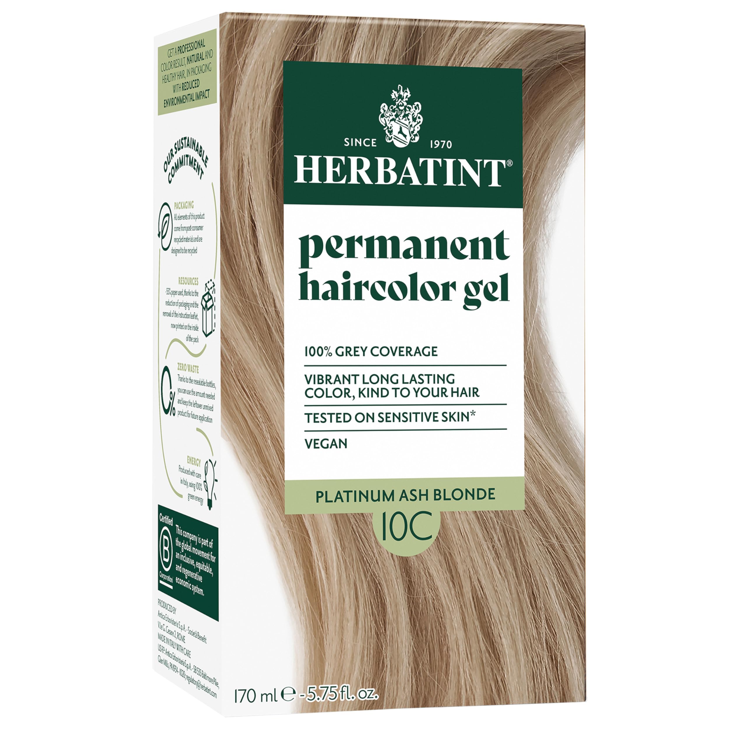 Herbatint Permanent Hair Dye For Women - 10C Platinum Ash Blonde - For Up To 100% Gray Coverage of Resistant Gray Hair - Ammonia-Free, Alcohol-Free & Vegan - Salon Influenced Hair Color 5.75 Fl Oz