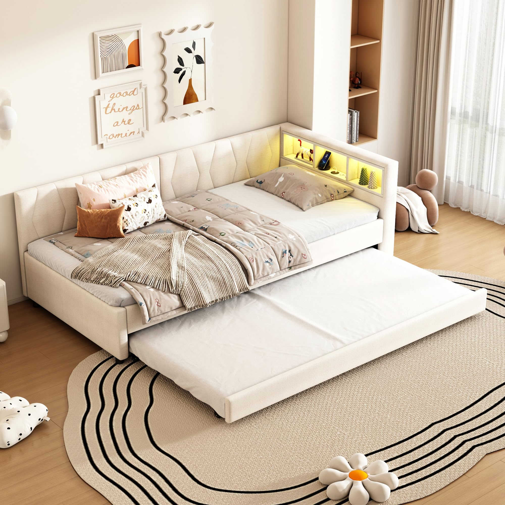 Divano Letto 90x200 Bed Vano Portaoggetti Laterale Rivestimento in Lino Letto Estraibile Seconda Superficie Estraibile Superficie Ausiliaria Scorrevole sotto il Telaio Camera