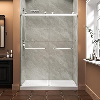 GDFStudio 55"-60" W x 76" H Frameless Sliding Shower Door, 5/16" Tempered Glass Shower Door with Nano Explosion-Proof Film, Reversible Double Bypass Enclosure Doors, Easy Install, Brushed Nickel