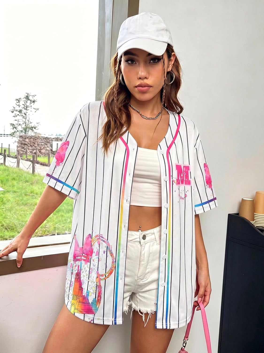 LUKYCILD Baseball Shirts for Women Summer Funny Graphic Tees Family Vacation Button Up Short Sleeve Jersey Top