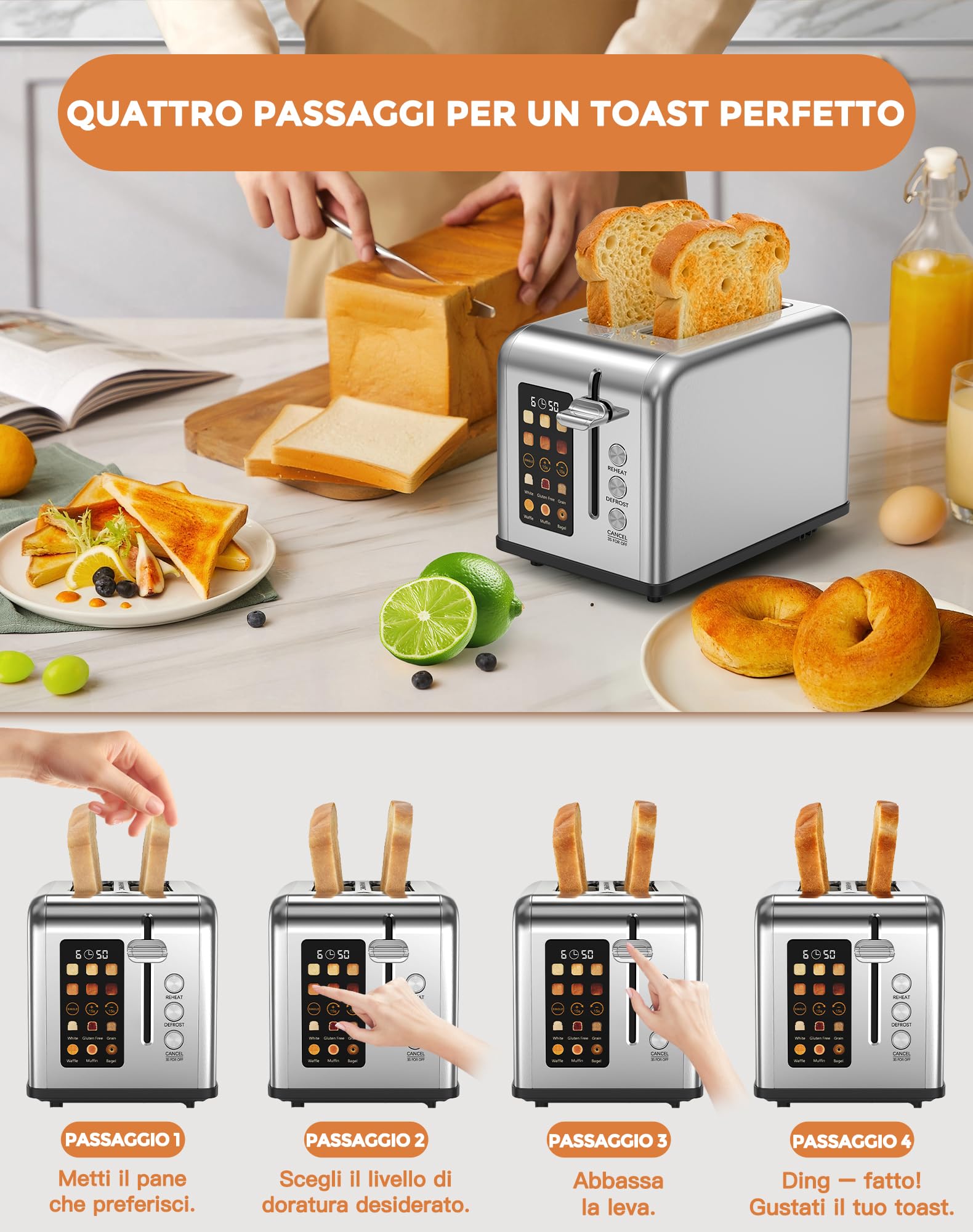 Tostapane 2 Fette, Tostapane per Toast Farciti 880W, LED Touchscreen, 6 Livelli di Tostatura, 6 Programmi per il Pane, Funzioni Riscaldamento/Scongelamento/Stop, Acciaio Inox ﻿ (Argento-01)