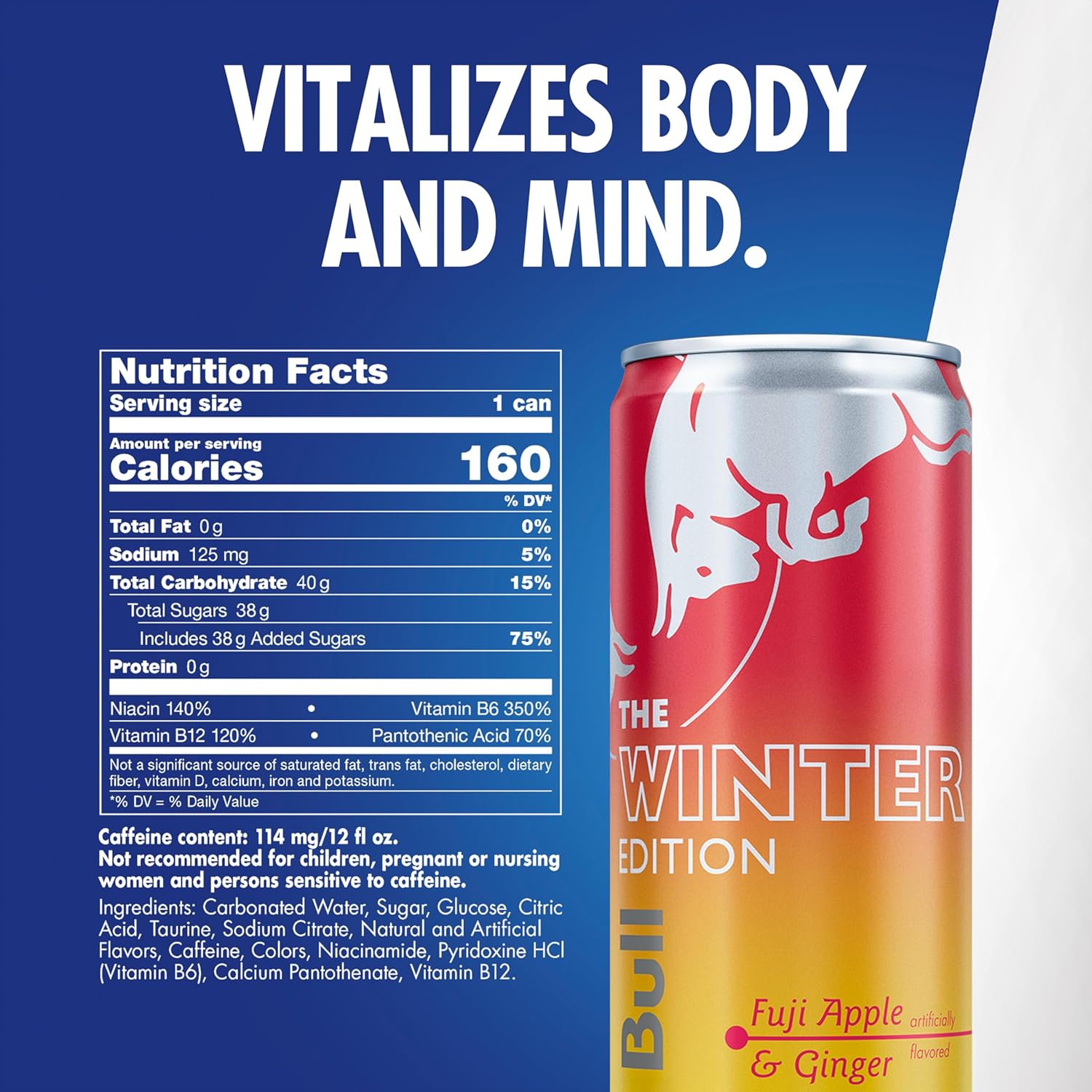 Red Bull Winter Edition Energy Drink, Fuji Apple & Ginger, 12 fl. oz., Pack of 4 cans, with 114mg Caffeine, Taurine & B Vitamins
