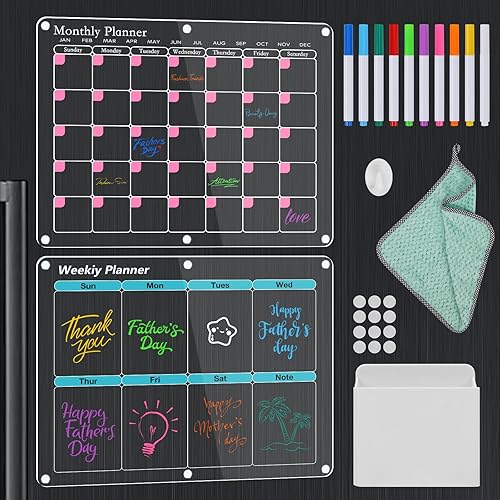 Calendario magnético para refrigerador, 2 juegos de calendarios de refrigerador con imán, calendario mensual y semanal acrílico de 16 x 12 pulgadas, disponible en Yaxa Peru
