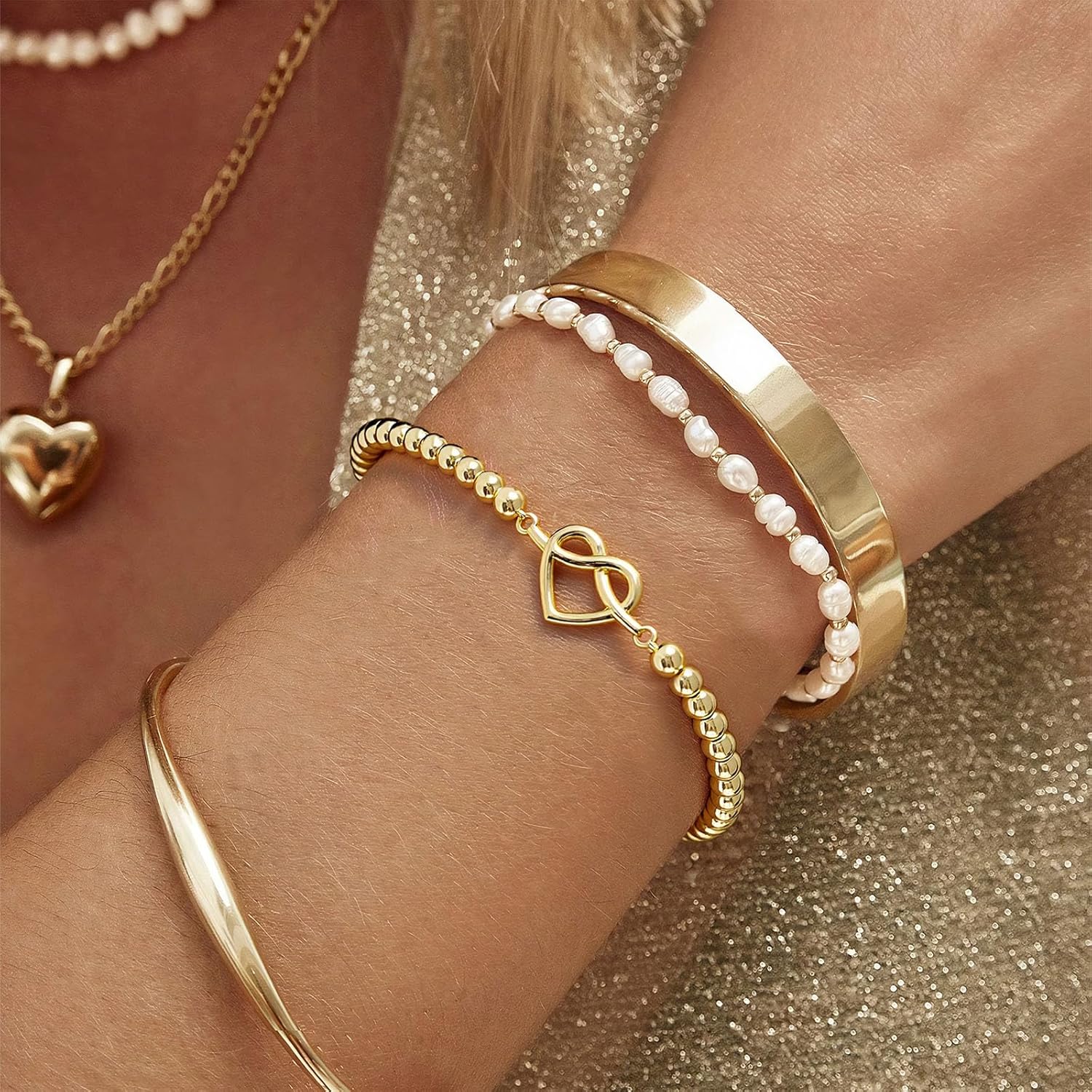 Gold Bracelets for Women 14K Gold Beaded Bracelets Stackable Bracelets for Women Gold Charm Bracelet Non Tarnish Gold Jewelry for Women Trendy - Image 4